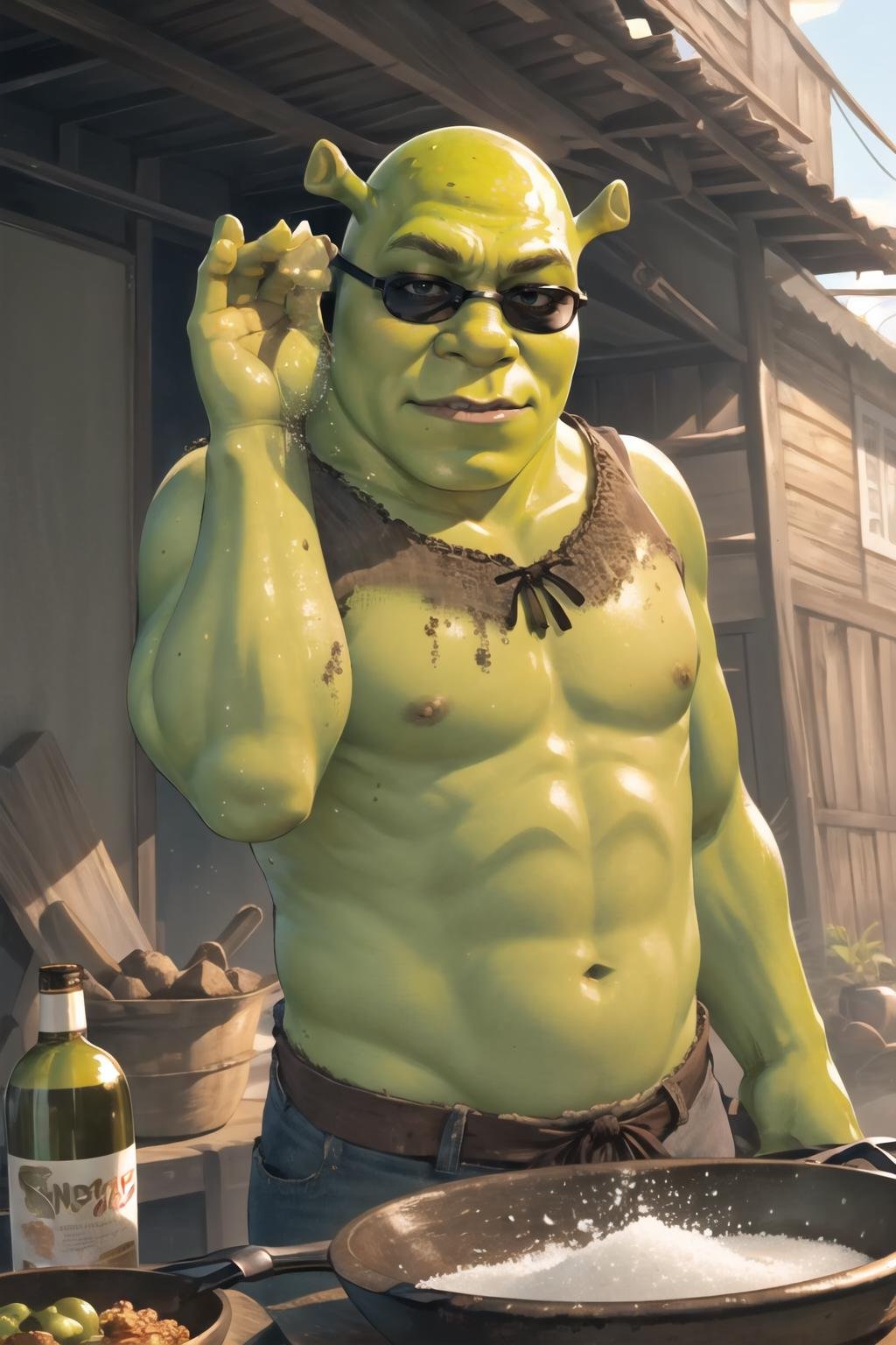 Highly detailed, High Quality, Masterpiece, beautiful, 1boy, solo, SaltBaeMeme, <lora:SaltBaeMeme-10:0.9>, salt, sunglases, shrex, green skin, ogre, shrek, <lora:Char_Sigmas_Shrek:0.9>, slums, dirty, topless, 