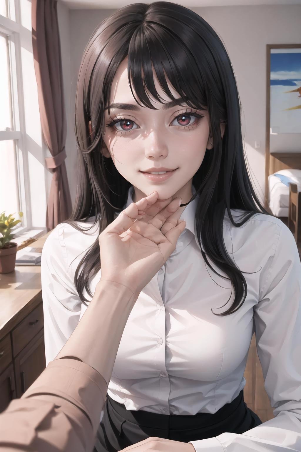 Highly detailed, High Quality, Masterpiece, beautiful, StrokingAnothersChin, hand on another's chin, pov, <lora:Pos_StrokingAnothersChin:1>, 1girl, solo, smirk, ^_^, black hair, long hair, shirt, white shirt, red eyes