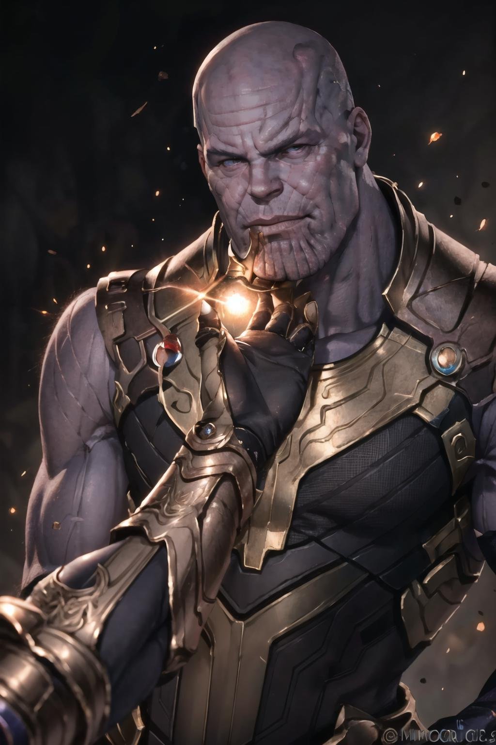 Highly detailed, High Quality, Masterpiece, beautiful, StrokingAnothersChin, hand on another's chin, pov, <lora:StrokingAnothersChin-07:1>, 1boy, solo, smirk, ^_^, upper body, photo of thnos, muscular, <lora:Char_Sigmas_Thanos:0.8>
