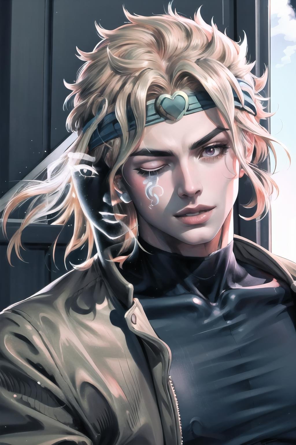 Highly detailed, High Quality, Masterpiece, beautiful, solo, 1boy, ExtraFacesRanni, <lora:ExtraFacesRanni:1.2>, upper body, dio, jacket, headband,  <lora:Char_Sigmas_Dio:0.9>