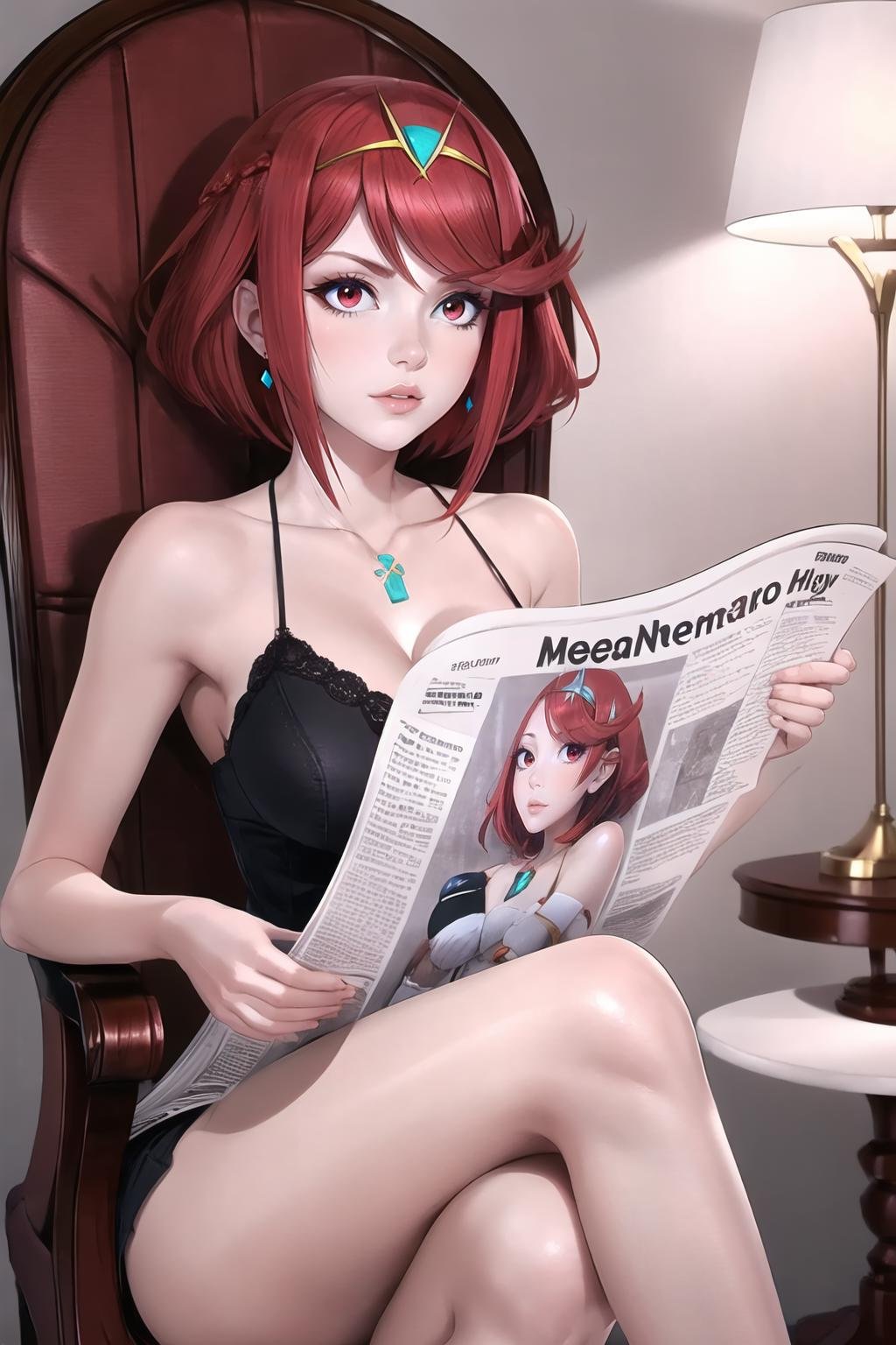 Highly detailed, High Quality, Masterpiece, beautiful, TomReadingTheNewspaper, <lora:TomReadingTheNewspaper:1>, Pyra \(xenoblade\), Pyra:1.2, red hair, red eyes, short hair, <lora:Char_Xenoblade_PyraMythraPneuma:0.5>