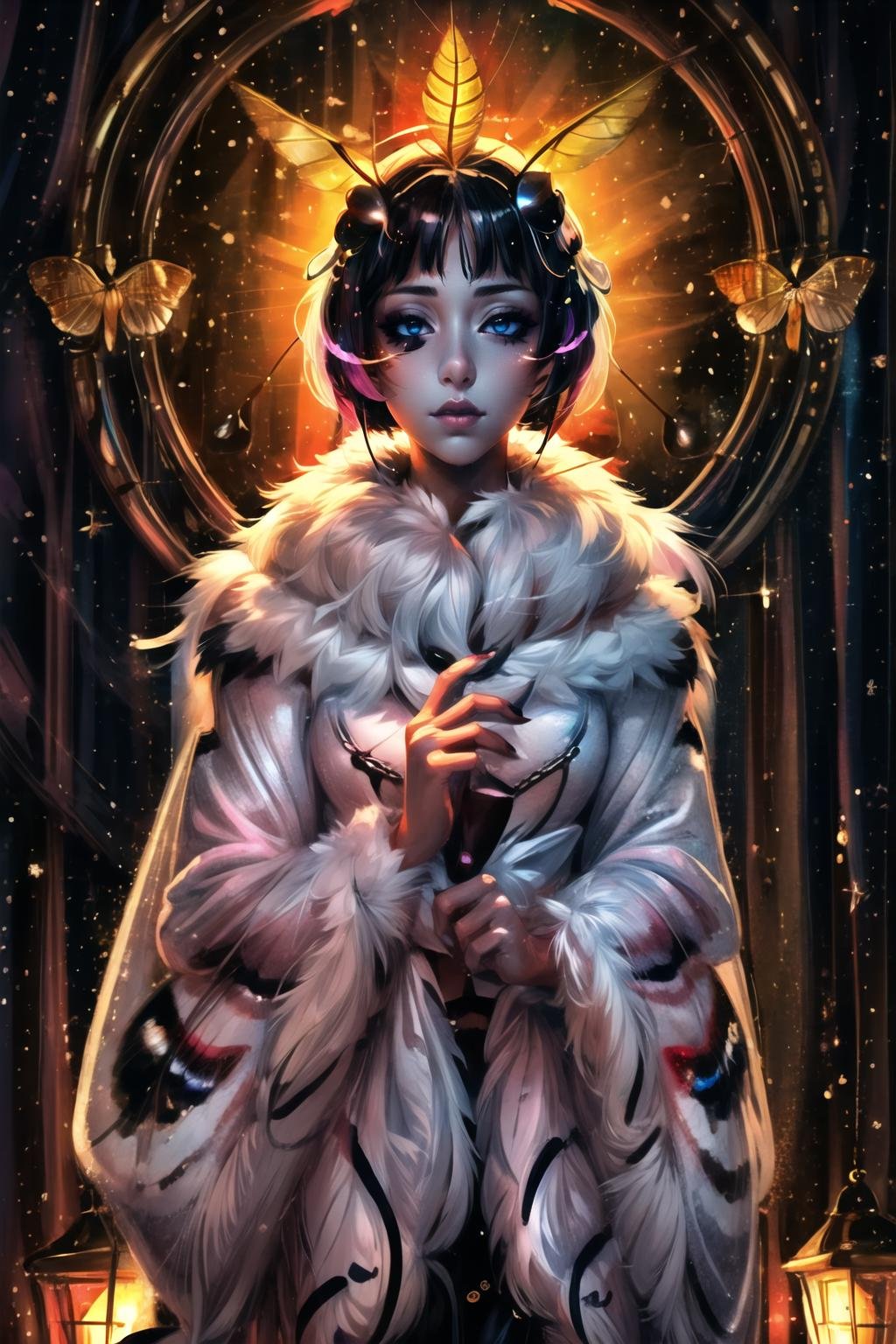 Highly detailed, High Quality, Masterpiece, beautiful, 1girl, <lora:LightCoat32:1>, starry, strry light, night, colorful, cloud, star \(sky\), <lora:Other_MoreDetails:0.5>, moth girl, moth wings, neck fur, antennae, <lora:Char_Moth_Moth:0.8>, lamp