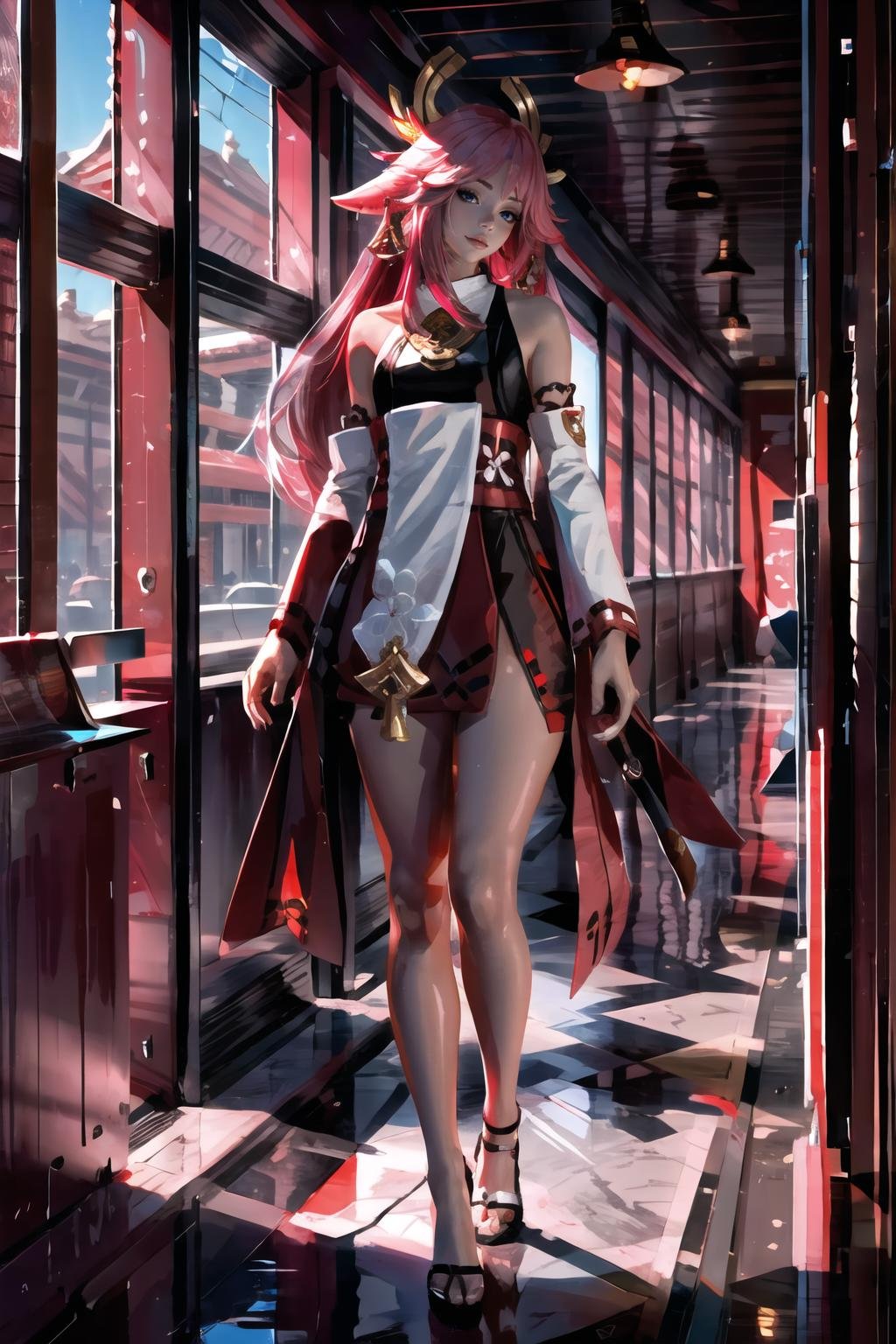 Highly detailed, High Quality, Masterpiece, beautiful, 1girl, <lora:LightCoat32:1>, yae miko, long hair, pink hair, animal ears, <lora:Char_GenshinImpact_YaeMiko:0.75>, full body, 