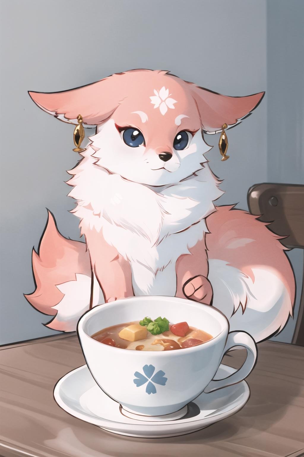 Highly detailed, High Quality, Masterpiece, beautiful, YaeMikoFox, <lora:YaeMikoFox-08:1>, no humans, food, simple background, elbows on table, cup, blurry background, indoors, <lora:Pos_AcrossTable:0.85>