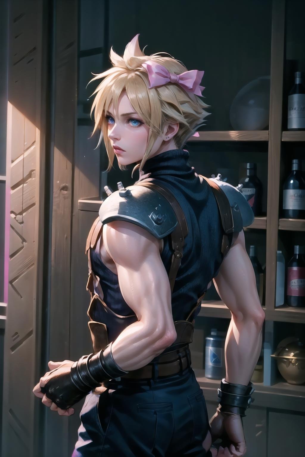 Highly detailed, High Quality, Masterpiece, beautiful, BackHairRibbon, <lora:BackHairRibbon:1>, 1girl, solo, hair bow, pink bow, bow, cowboy shot, cloud strife, shoulder armor, sleeveless turtleneck, suspenders, belt, <lora:Char_FF7Remake_CloudStrife:0.9>