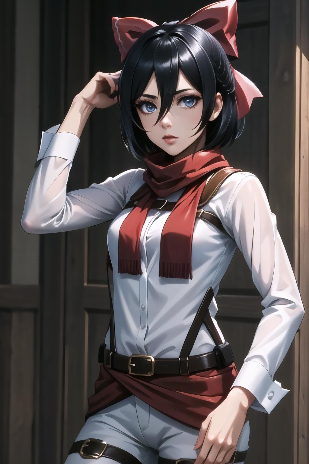 Highly detailed, High Quality, Masterpiece, beautiful, BackHairRibbon, <lora:BackHairRibbon:1>, 1girl, solo, hair bow, red bow, bow, cowboy shot, mikasa ackerman, shingeki no kyojin, black hair, hair between eyes, short hair, <lora:Char_AOT_MikasaAckerman:1>