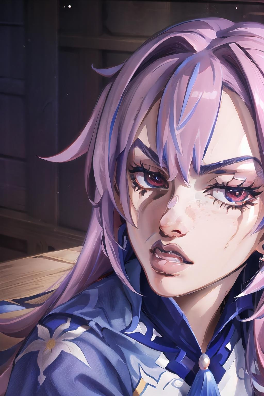 Highly detailed, High Quality, Masterpiece, beautiful, Irefuse, <lora:Irefuse-10:1>, 1girl, solo, keqing (piercing thunderbolt) (genshin impact), keqing (genshin impact), <lora:Char_GenshinImpact_Keqing:0.85>, close-up, pink hair, 