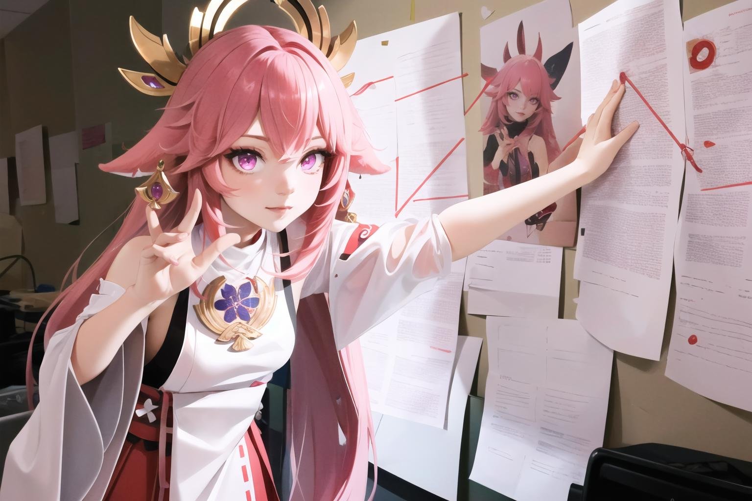 Highly detailed, High Quality, Masterpiece, beautiful, PepeSilviaMeme, <lora:PepeSilviaMeme-10:1>, 1girl, solo,, yae miko, pink eyes, long hair, pink hair, animal ears, <lora:Char_GenshinImpact_YaeMiko:0.8>