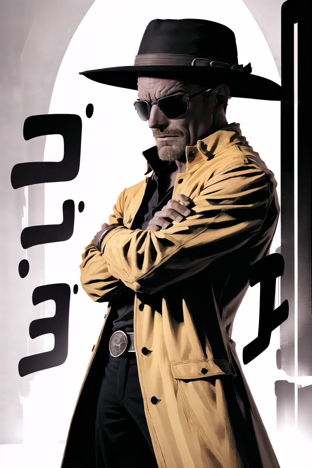 Highly detailed, High Quality, Masterpiece, beautiful, MenacingJojo, text, <lora:MenacingJojo:1>, 1boy, solo, cowboy shot, menacing pose, a man, bald, wearing glasses, wearing sunglasses, wearing a hat, <lora:Char_Sigmas_WalterWhite:0.8>