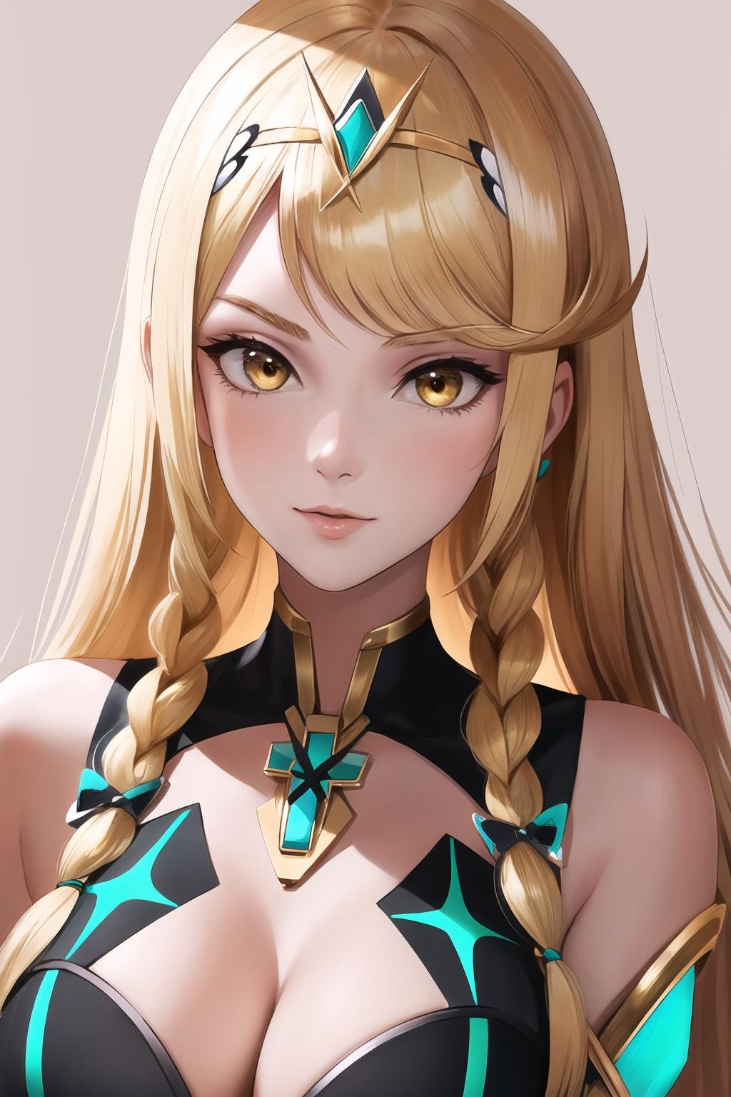 Highly detailed, High Quality, Masterpiece, beautiful, TwinSideBraids, <lora:TwinSideBraids-02:1>, 1girl, solo, upper body, Mythra \(xenoblade\), Mythra:1.2, blonde hair, yellow eyes, long hair, <lora:Char_Xenoblade_PyraMythraPneuma:0.5>