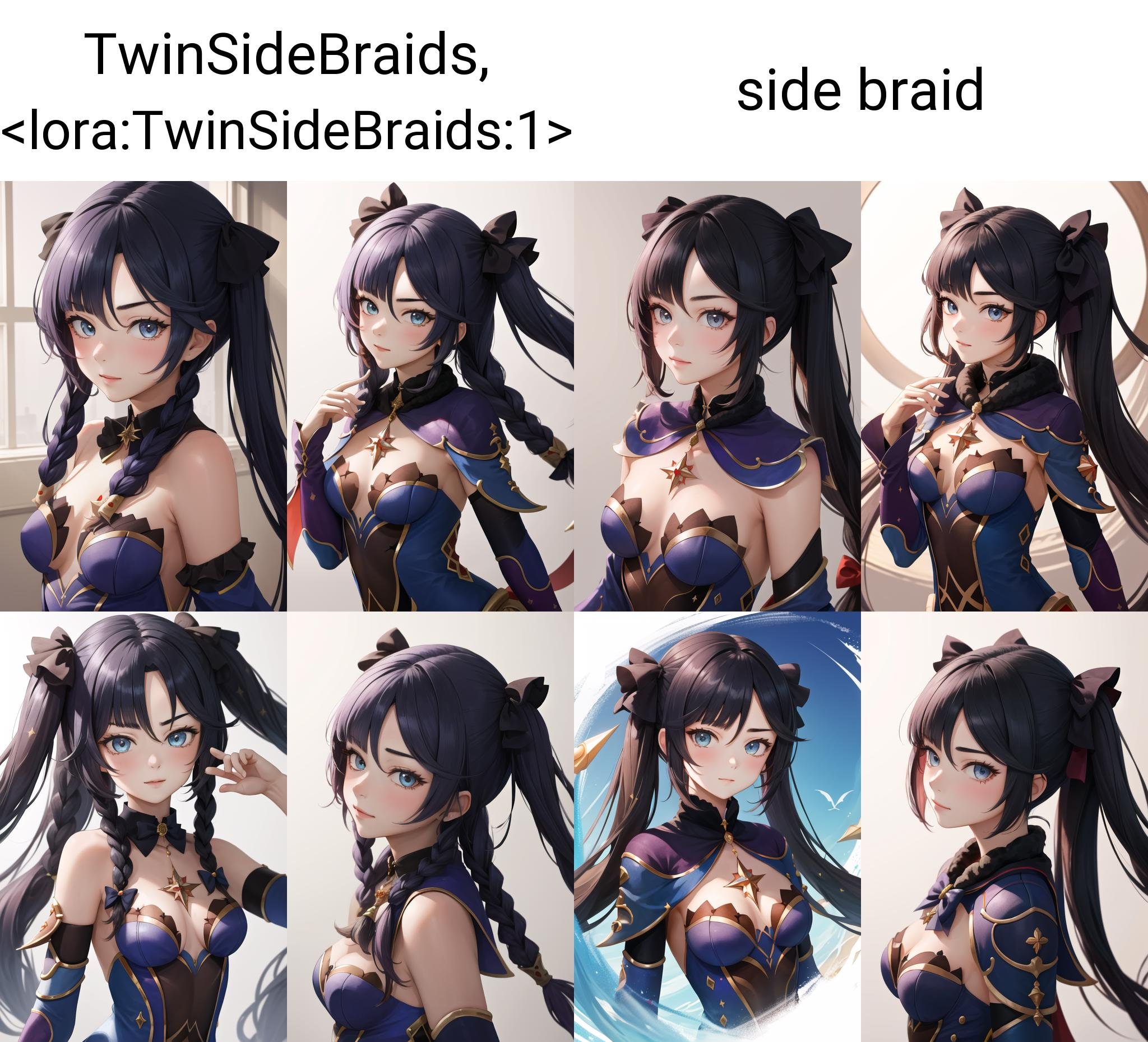 Highly detailed, High Quality, Masterpiece, beautiful, TwinSideBraids, <lora:TwinSideBraids:1>, 1girl, solo, upper body, bow, hair bow, Mona \(genshin impact\), Mona:1.2, <lora:Char_GenshinImpact_Mona:0.8>