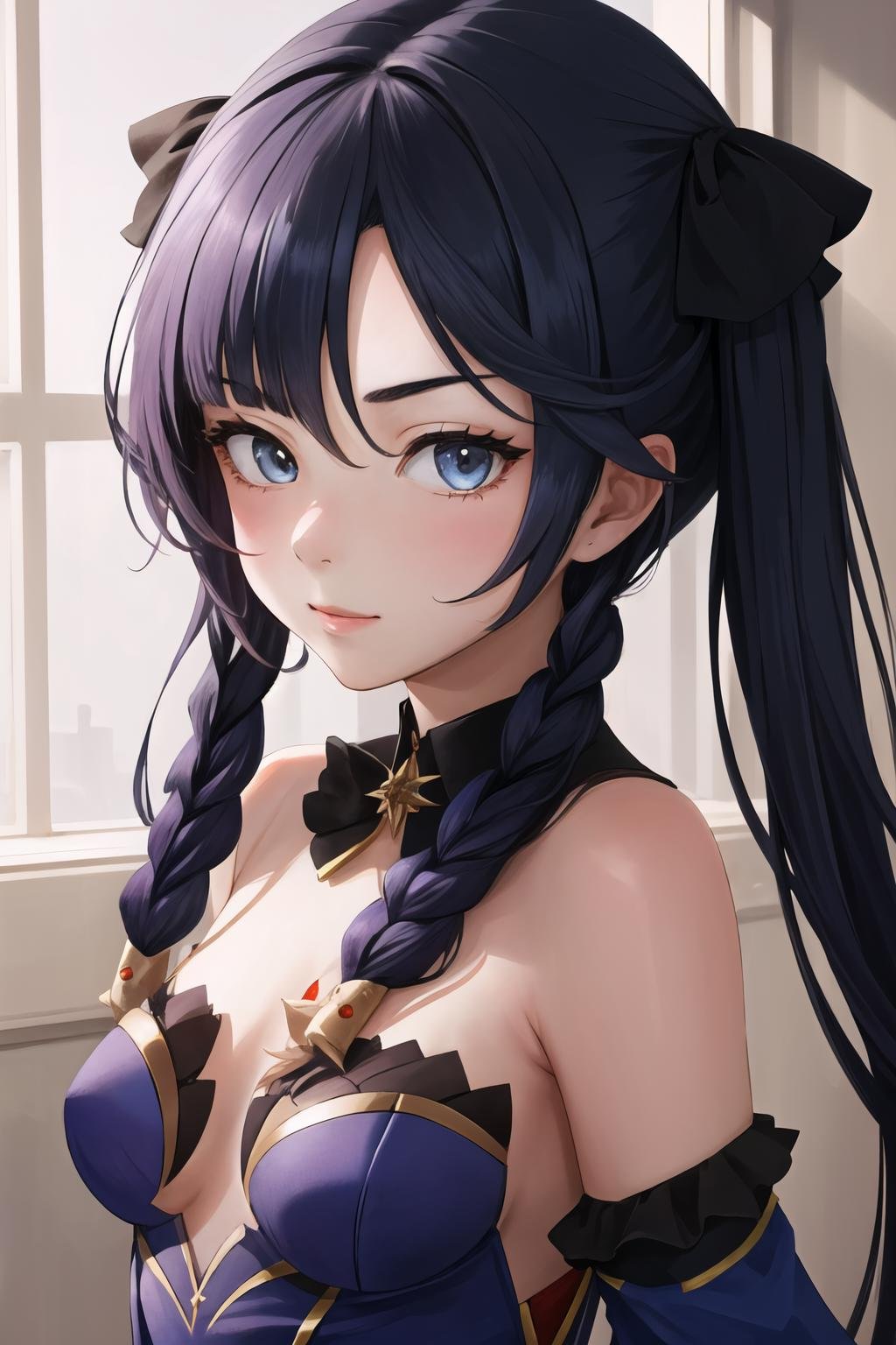 Highly detailed, High Quality, Masterpiece, beautiful, TwinSideBraids, <lora:TwinSideBraids-02:1>, 1girl, solo, upper body, bow, hair bow, Mona \(genshin impact\), Mona:1.2, <lora:Char_GenshinImpact_Mona:0.8>