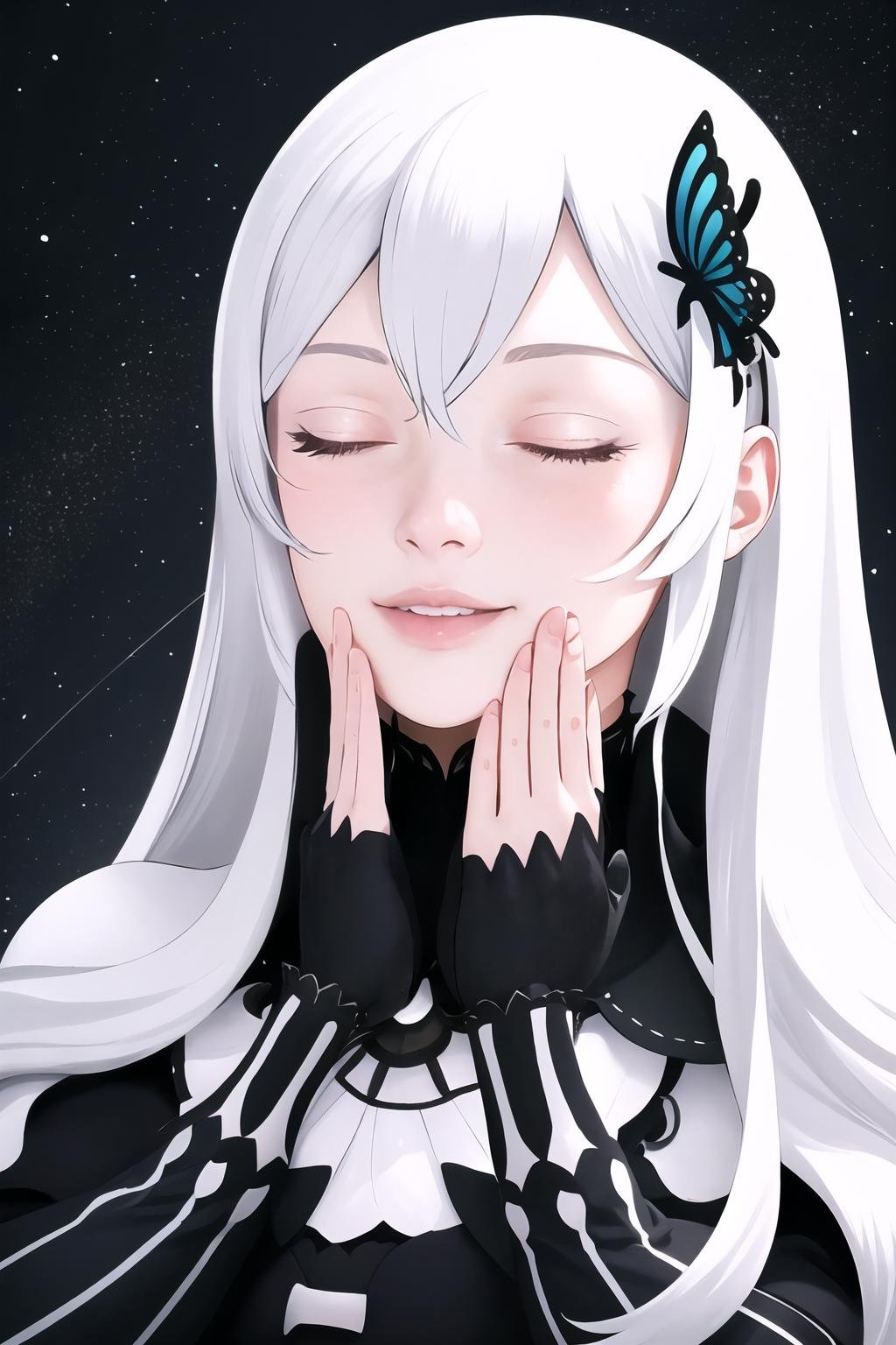 Highly detailed, High Quality, Masterpiece, beautiful, FeelsGood:1.2, closed eyes, <lora:FeelsGood:1>, 1girl, solo, echidna (re zero), re zero kara hajimeru isekai seikatsu, bburi, white hair <lora:Char_REZero_Echidna:0.8>, photorealistic, 