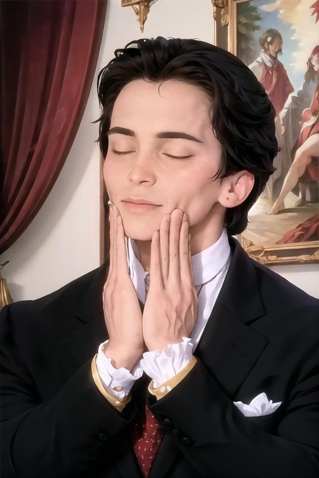 Highly detailed, High Quality, Masterpiece, beautiful, FeelsGood, closed eyes, <lora:FeelsGood:1>, 1boy, solo, black suit, suit, tie, red tie, <lora:Char_Sigmas_PatrickBateman:0.8>