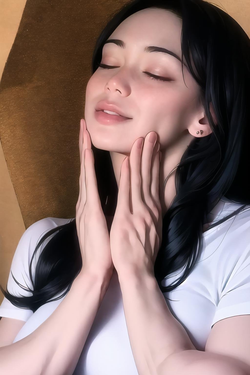 Highly detailed, High Quality, Masterpiece, beautiful, FeelsGood, closed eyes, <lora:FeelsGood-04:1>, 1girl, solo, red eyes, black hair, long hair, shirt, white shirt