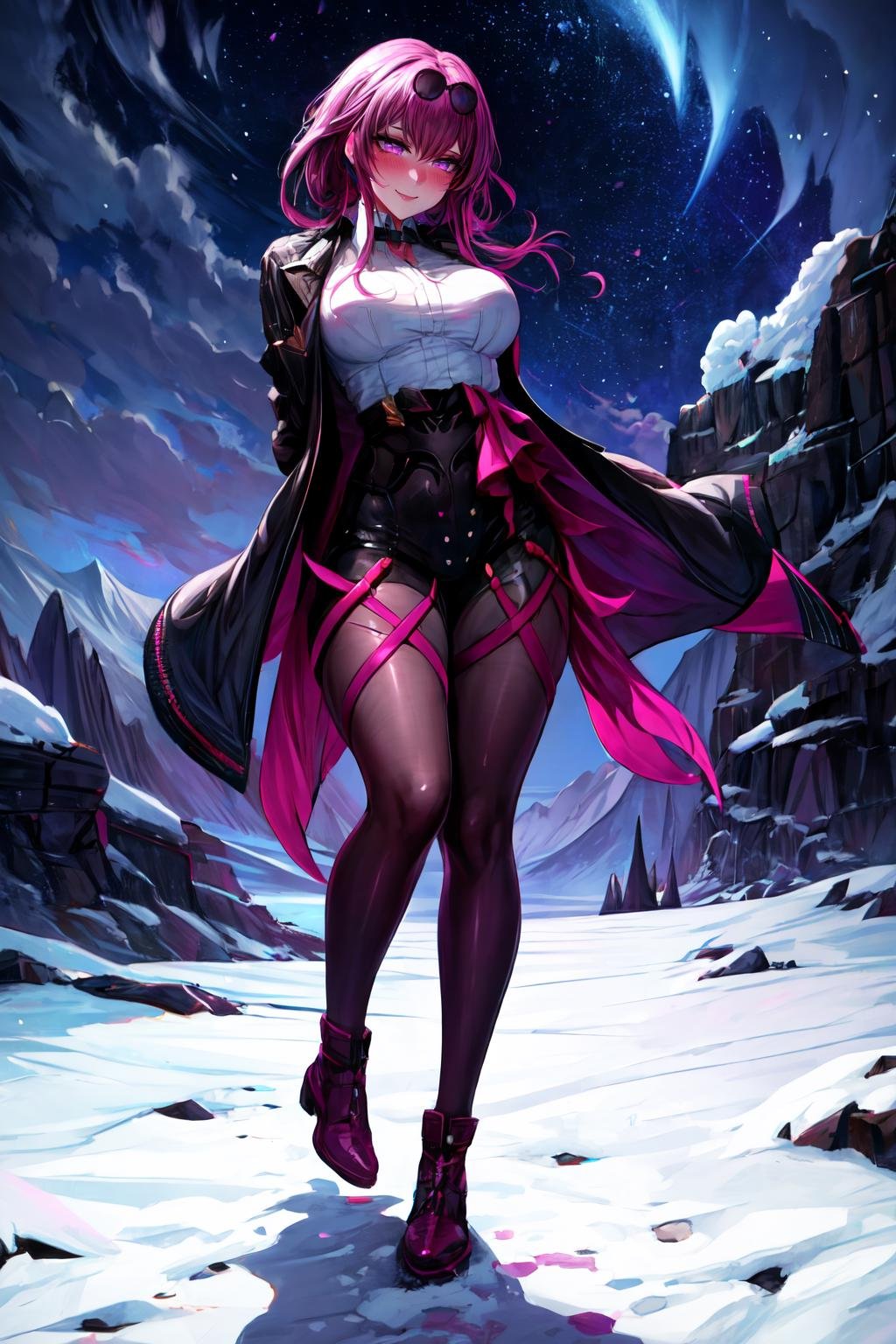 Highly detailed, High Quality, Masterpiece, beautiful, Kafka,  <lora:Kafka:1>, 1girl, solo, jacket, purple eyes, full body, sky, night sky,  polar lights, star \(sky\), arms behind back, <lora:Other_MoreDetails:0.8>, seductive smile, blush