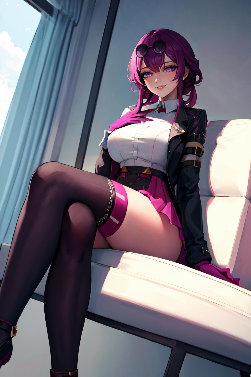 Highly detailed, High Quality, Masterpiece, beautiful, Kafka,  <lora:Kafka:0.8>, 1girl, solo, jacket, purple eyes, crossed legs, seductive smile, from below, smirk, thighhighs