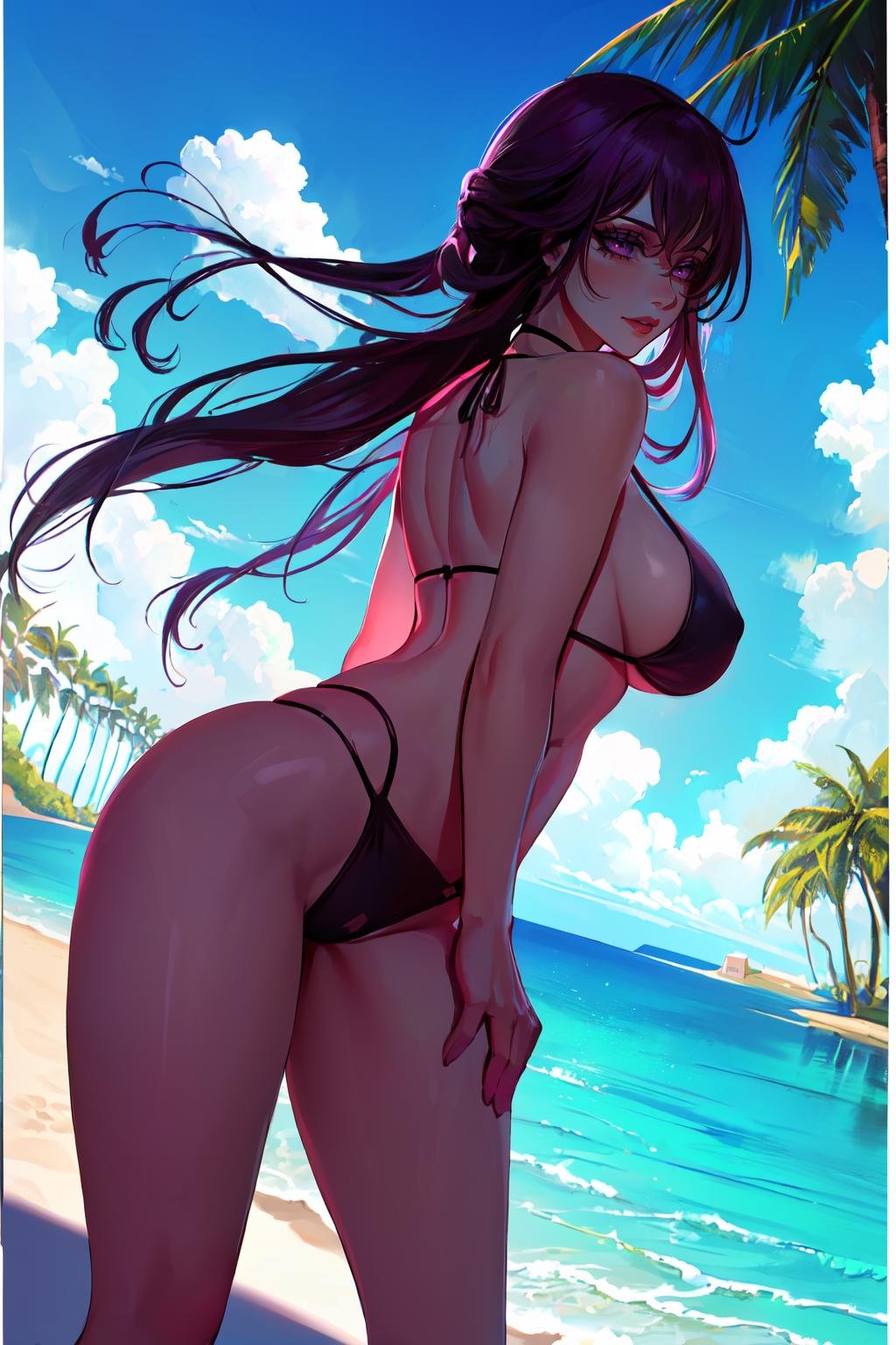 Highly detailed, High Quality, Masterpiece, beautiful, Kafka,  <lora:Kafka:0.8>, 1girl, solo, purple eyes, mature female, (( bikini )), ((Beach, palm trees, detailed water, blue sky, cinematic angle dramatic shadows, vibrant colors, backlighting, depth of field, highleg, contrapposto, toned))