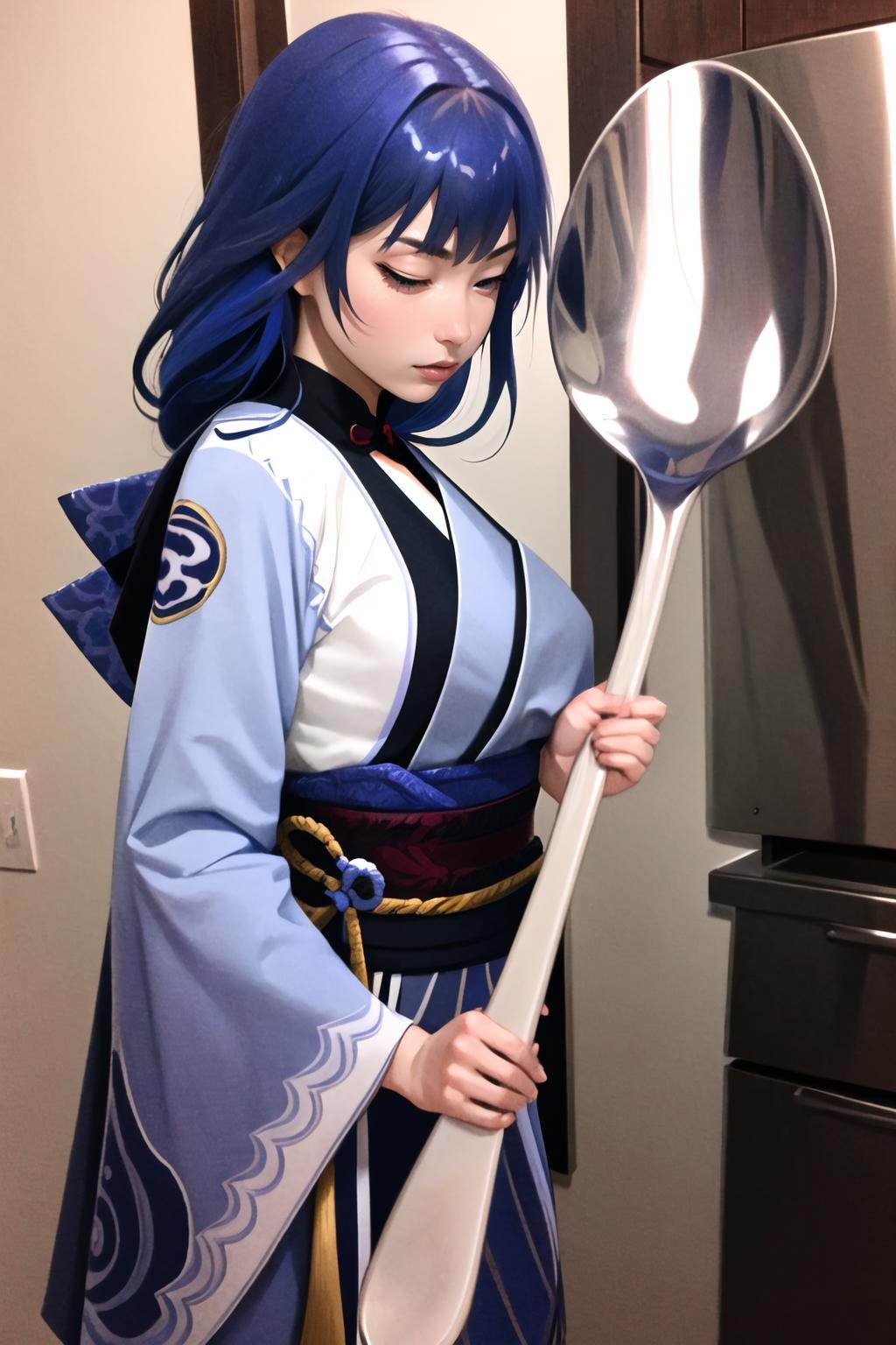 Highly detailed, High Quality, Masterpiece, beautiful, ComicallyLargeSpoon, <lora:ComicallyLargeSpoon-09:1>, 1girl, solo, Raiden_Shogun_\(genshin impact\), Raiden_Shogun:1.2, blue hair, long hair, <lora:Char_GenshinImpact_RaidenShogun:0.8>