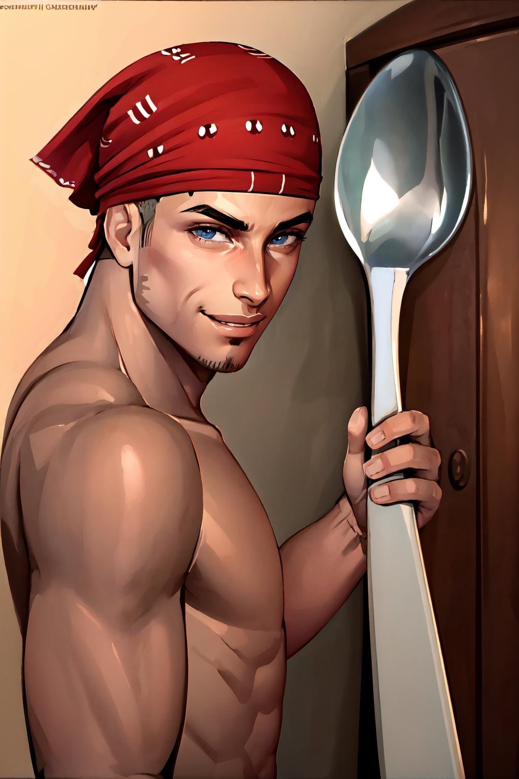 Highly detailed, High Quality, Masterpiece, beautiful, ComicallyLargeSpoon, <lora:ComicallyLargeSpoon:1>, 1boy, solo, Ricardo, red bandana on the head, <lora:Char_Sigmas_RicardoMilos:0.9>, smirk