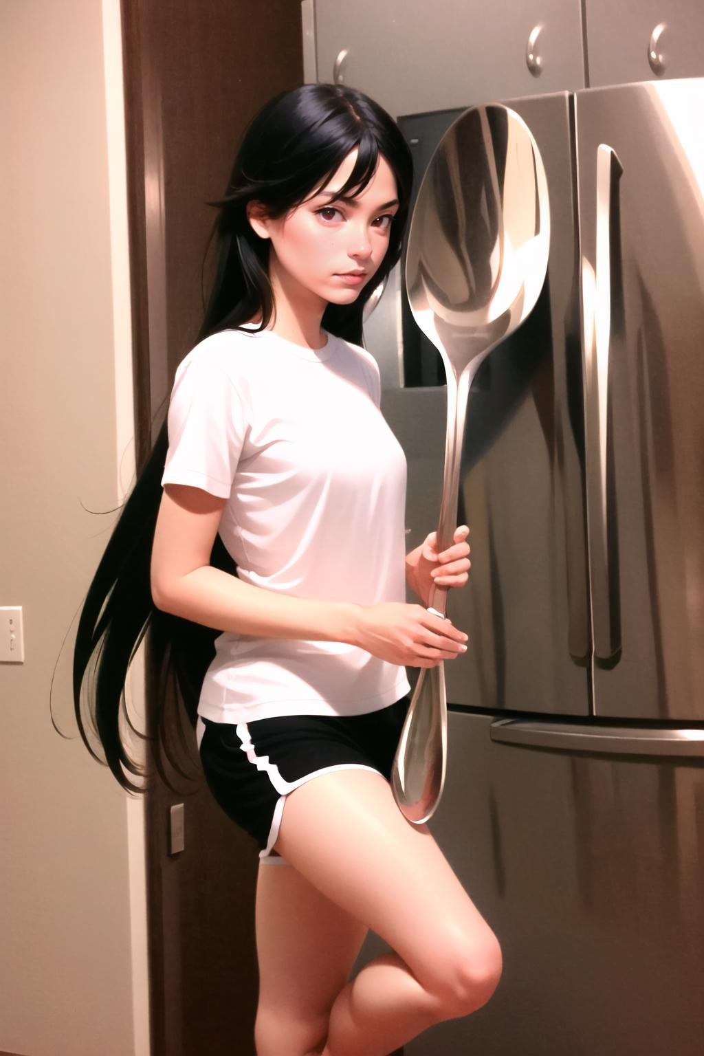 Highly detailed, High Quality, Masterpiece, beautiful, ComicallyLargeSpoon, <lora:ComicallyLargeSpoon-09:1>, 1girl, solo, black hair, red eyes, long hair, shirt, white shirt, shorts, short shorts, black shorts