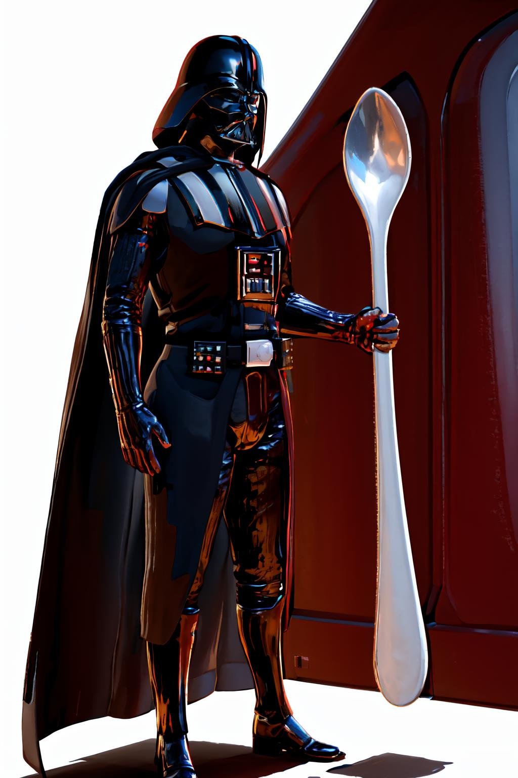 Highly detailed, High Quality, Masterpiece, beautiful, ComicallyLargeSpoon, <lora:ComicallyLargeSpoon:1>, 1boy, solo, darth vader, Black_outfit,hood, hood_up, boots, darth vader helmet,cape,armor, shoulder armor, armored boots, <lora:Char_Sigmas_DarthVader:0.7>