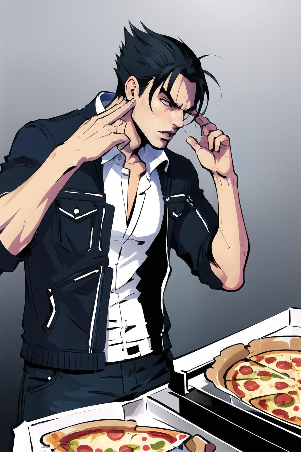 Highly detailed, High Quality, Masterpiece, beautiful, ManLevitatingPizza, <lora:ManLevitatingPizza:1>, 1boy, solo, kazama jin, <lora:Char_Sigmas_JinKazama:0.8>