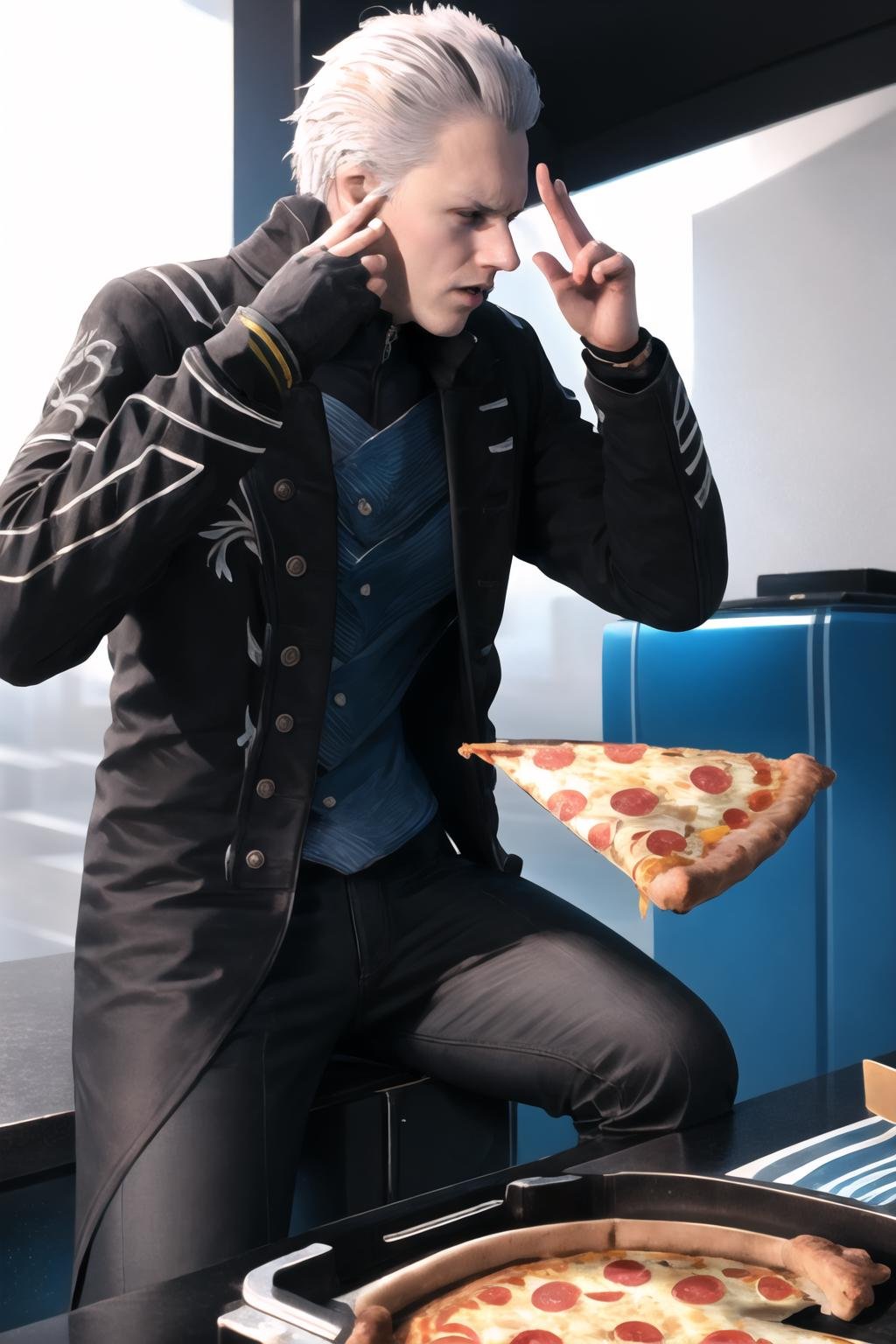 Highly detailed, High Quality, Masterpiece, beautiful, ManLevitatingPizza, <lora:ManLevitatingPizza:1>, 1boy, solo, vergil(dmc5), <lora:Char_DMC_Vergil:0.75>, 