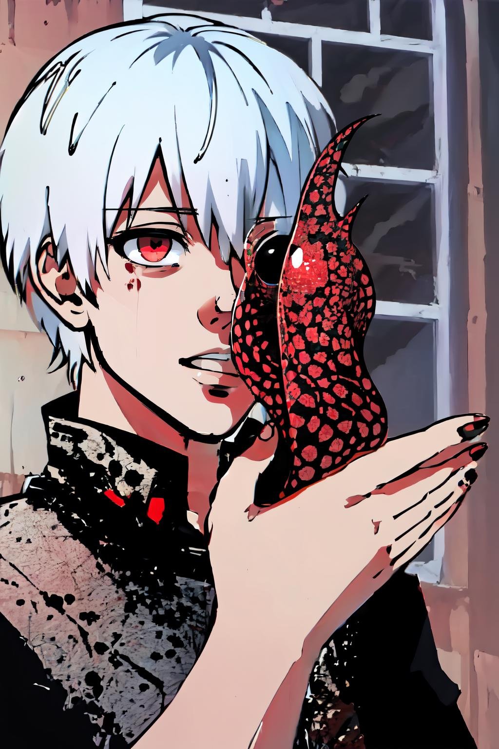 Highly detailed, High Quality, Masterpiece, beautiful, IsThisAPigeon, <lora:IsThisAPigeon:1>, 1boy, solo, kaneki ken, white hair, red and black eye, blood eyes, black clothes, scorpio tentacles, <lora:Char_ToykoGhoul_KanekiKen:0.8>