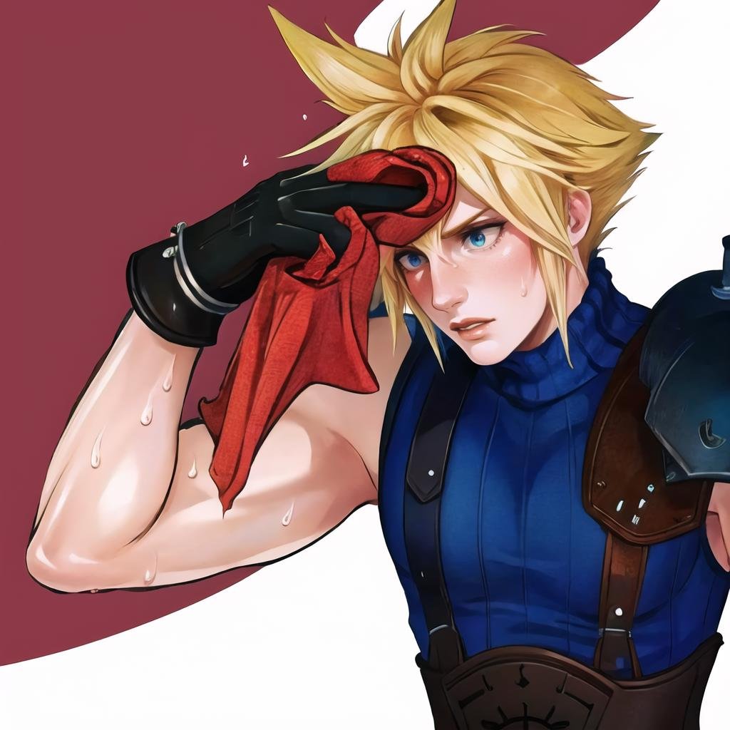 Highly detailed, High Quality, Masterpiece, beautiful, SweatingTowelGuy, sweat, <lora:SweatingTowelGuy:1>, 1boy, cloud strife, shoulder armor, sleeveless turtleneck, suspenders, belt, gloves, <lora:Char_FF7Remake_CloudStrife:0.9>