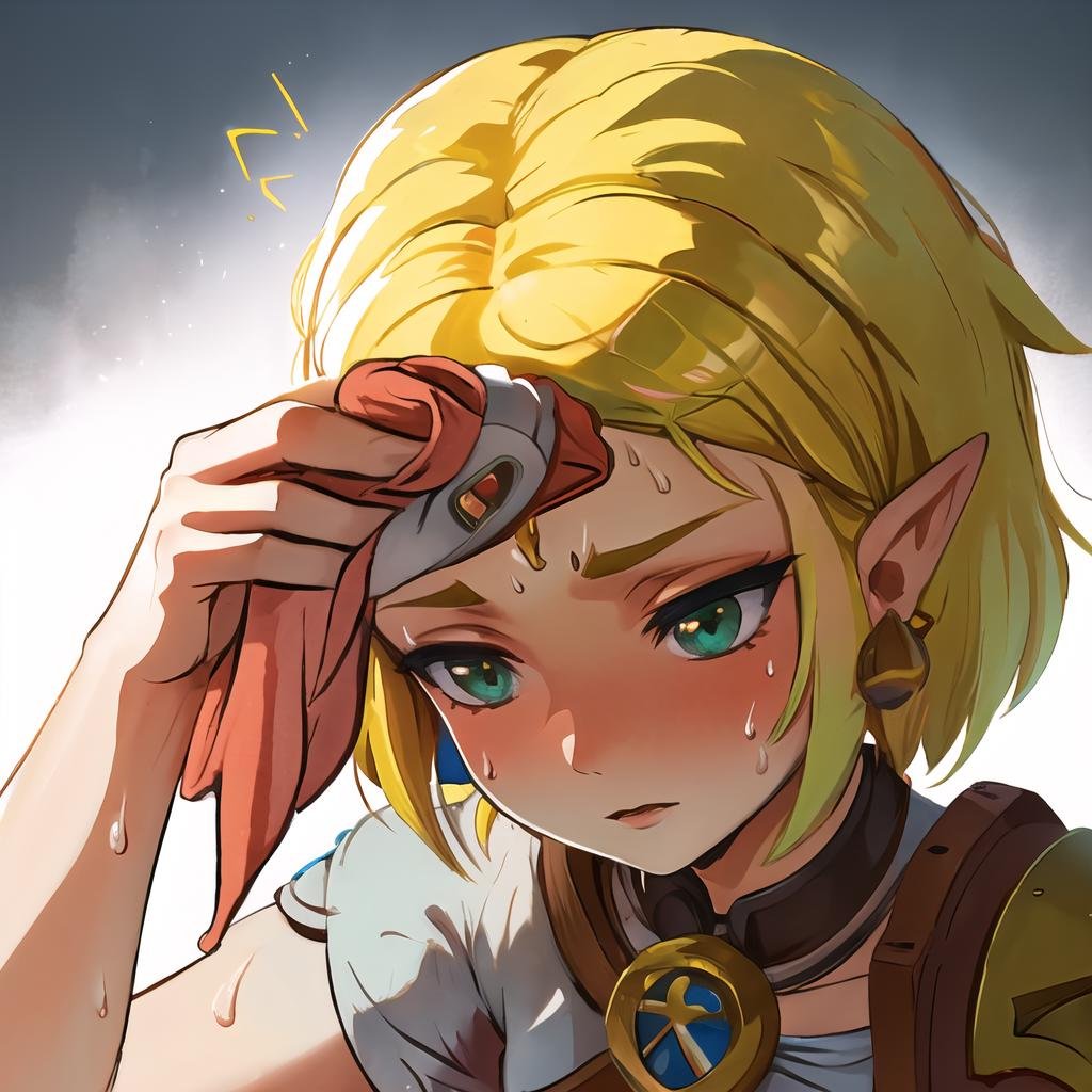 Highly detailed, High Quality, Masterpiece, beautiful, SweatingTowelGuy, sweat, <lora:SweatingTowelGuy:1>, 1girl, ZeldaTOTK, princess zelda, jewelry, pointy ears, blonde hair, crown braid, short hair, triforce, earrings, <lora:Char_Zelda_PrincessZeldaTotK:0.8>