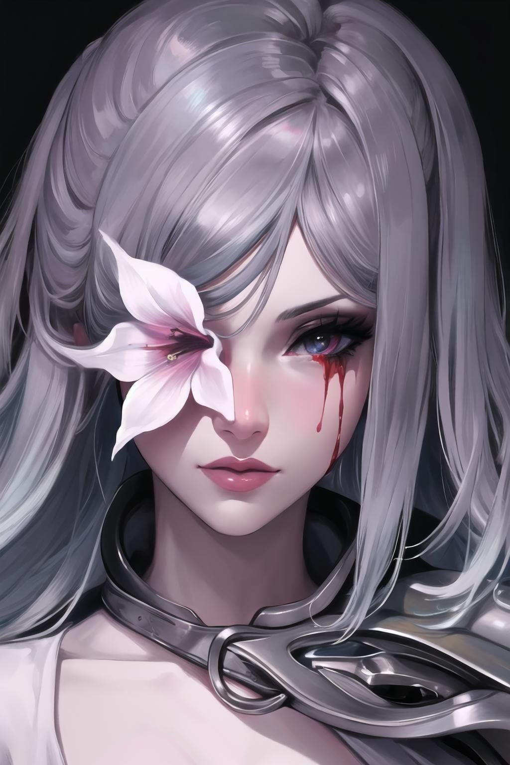Highly detailed, High Quality, Masterpiece, beautiful, CryingBlood, blood, <lora:CryingBlood:1>, 1girl, solo, upper body, zero (drag-on dragoon), flower over eye, <lora:Char_Nier_Zero:0.9>