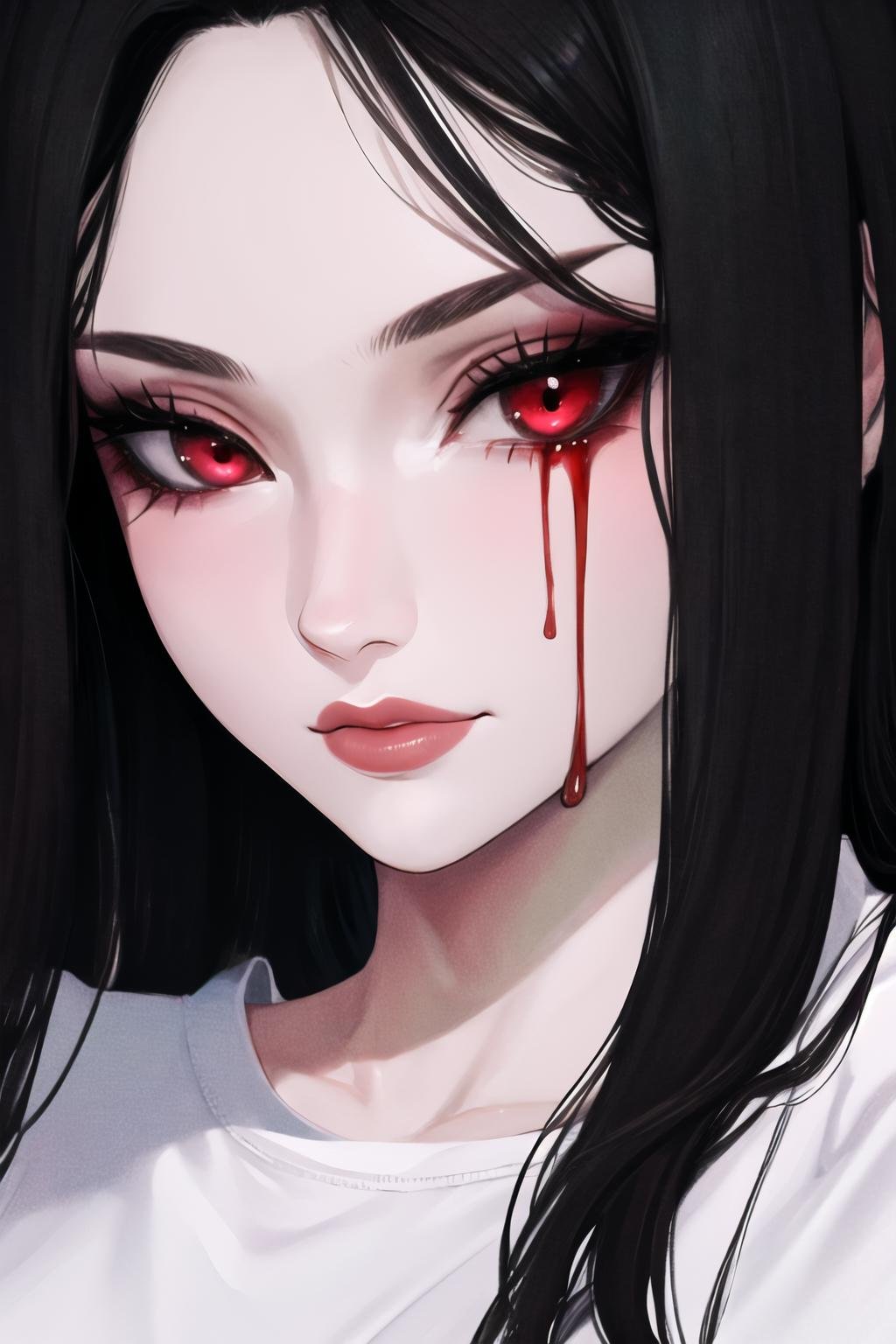Highly detailed, High Quality, Masterpiece, beautiful, CryingBlood, blood, <lora:CryingBlood:1>, 1girl, solo, close-up, red eyes, black hair, long hair, shirt, white shirt