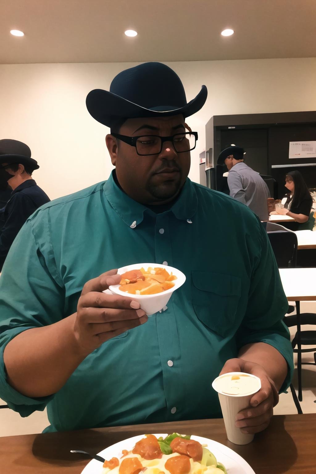 Highly detailed, High Quality, Masterpiece, beautiful, BigSmoke, <lora:BigSmoke-08:0.9>, 1boy, solo, cowboy shot, black headwear, food, simple background, elbows on table, cup, blurry background, indoors, upper body, <lora:Pos_AcrossTable:1>