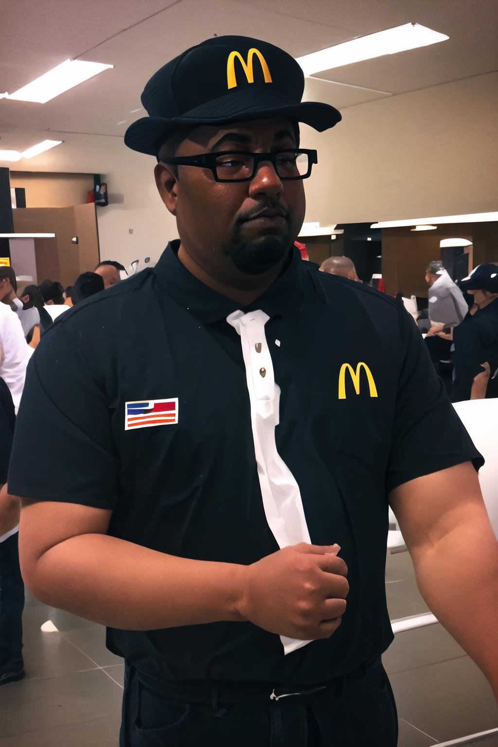 Highly detailed, High Quality, Masterpiece, beautiful, BigSmoke, <lora:BigSmoke:0.85>, 1boy, solo, McDonaldsUniform, shirt, black shirt, uniform, black pants, pants, cap, <lora:Outfit_McDonaldsUniformBlack:1>