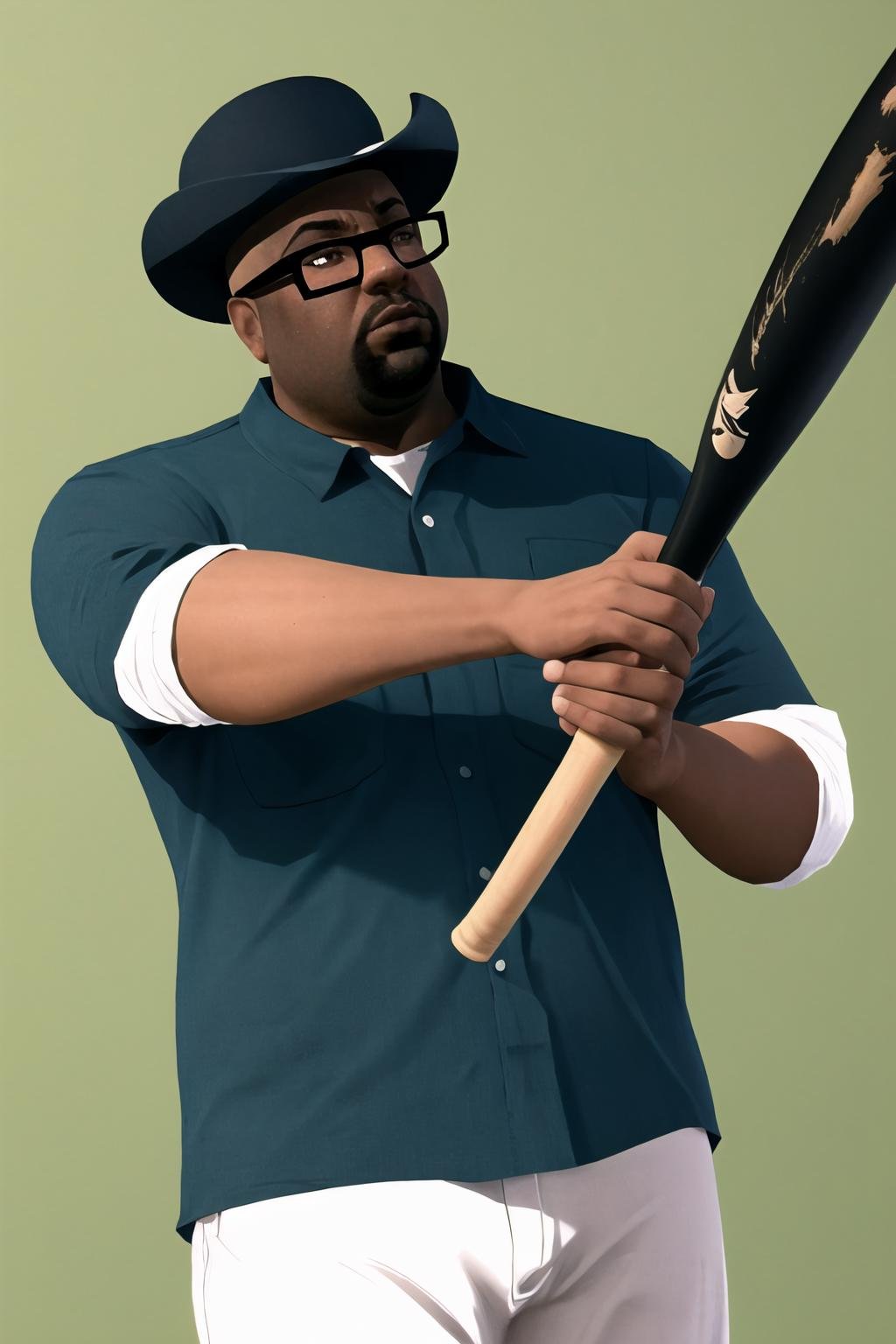 Highly detailed, High Quality, Masterpiece, beautiful, BigSmoke, black headwear, <lora:BigSmoke:0.9>, 1boy, solo, cowboy shot, baseball bat, holding baseball bat