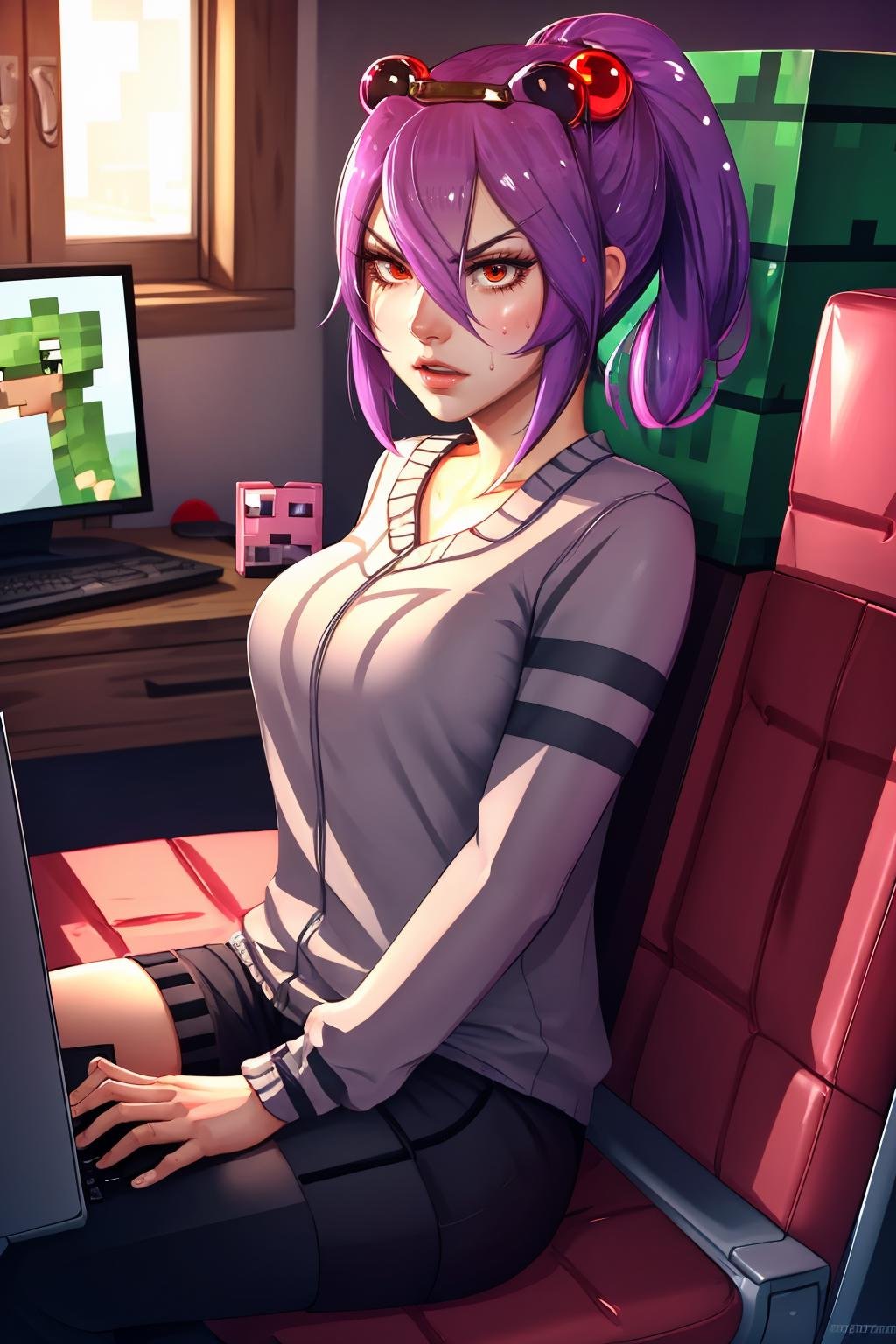 Highly detailed, High Quality, Masterpiece, beautiful, Spider-chan, <lora:Spider:0.75>, solo, 1girl, skindentations, sitting, shiny skin, sweat, angry, computer, minecraft