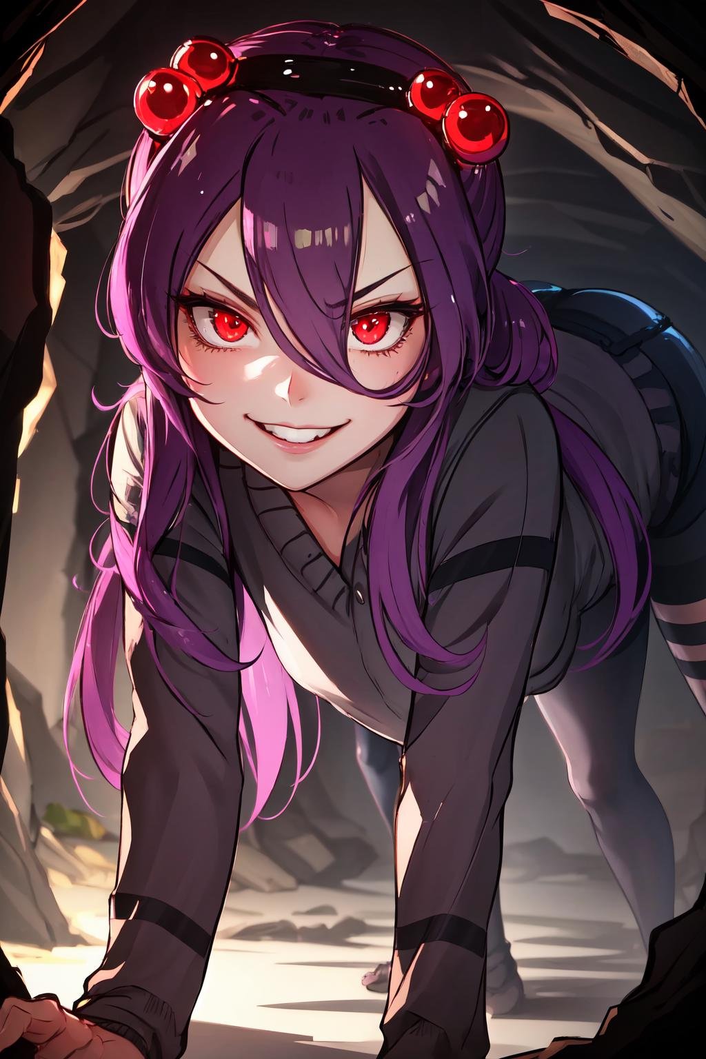 Highly detailed, High Quality, Masterpiece, beautiful, Spider-chan, <lora:Spiderchan-10:0.8>, 1girl, solo, all fours, inside of a cave, dark, glowing eyes, upper body, furrowed brow, smile, looking at viewer