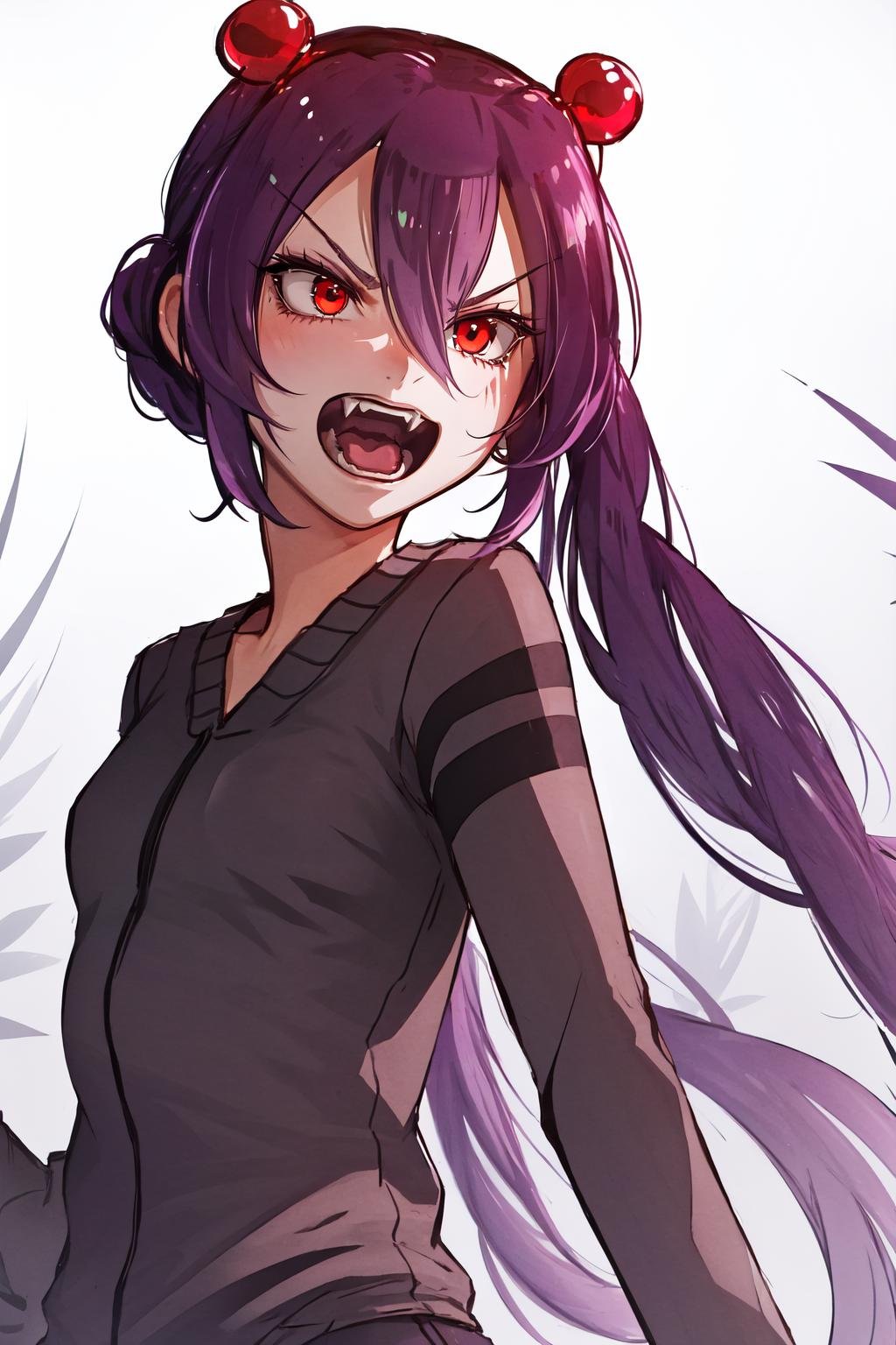 Highly detailed, High Quality, Masterpiece, beautiful, Spider-chan, <lora:Spiderchan-10:0.8>, 1girl, solo, upper body, open mouth, furrowed brow, fangs, angry