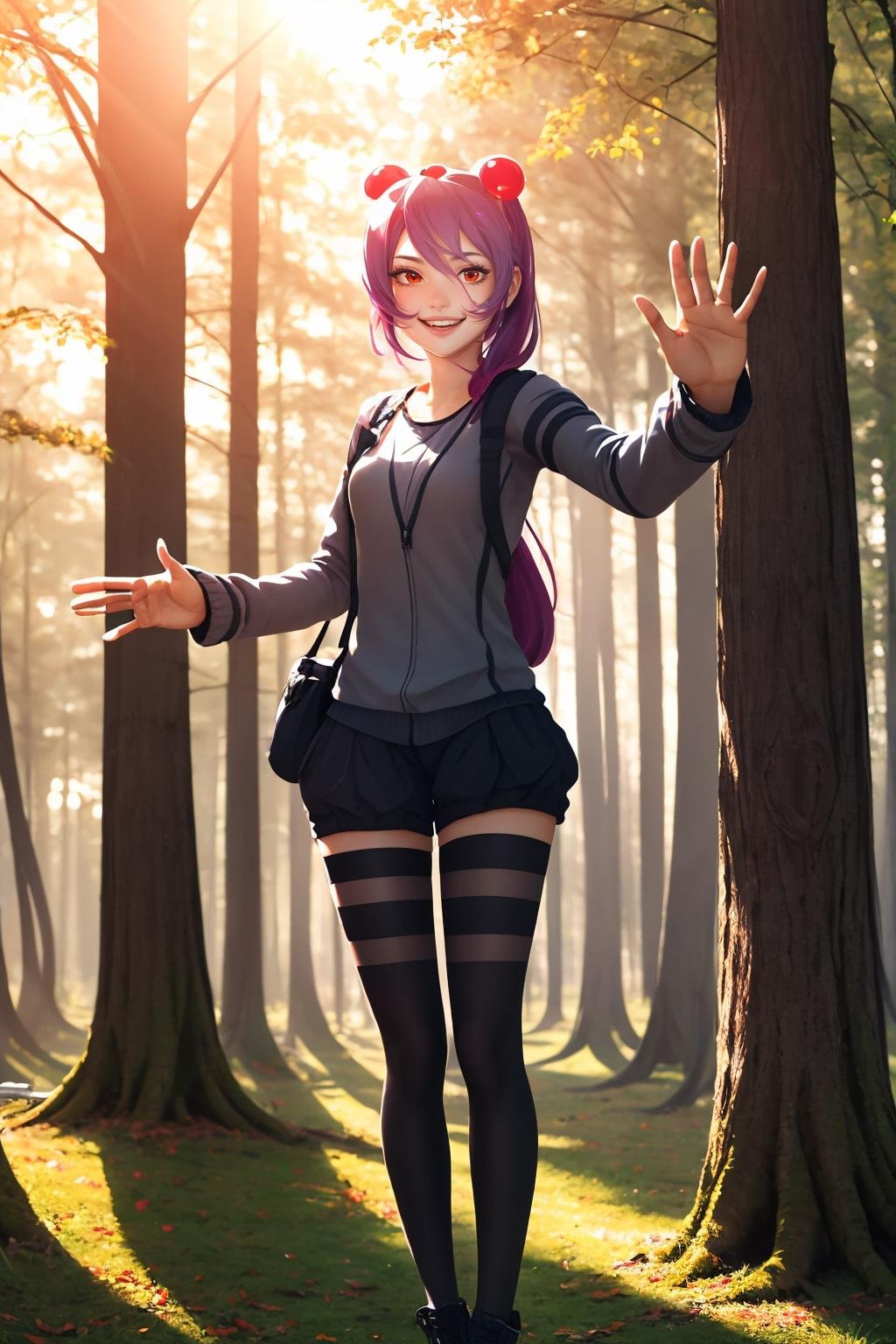 Highly detailed, High Quality, Masterpiece, beautiful, Spider-chan, <lora:Spider:0.75>, solo, 1girl, forest, day, sunlight, sun, happy, waving, waving arm, full body