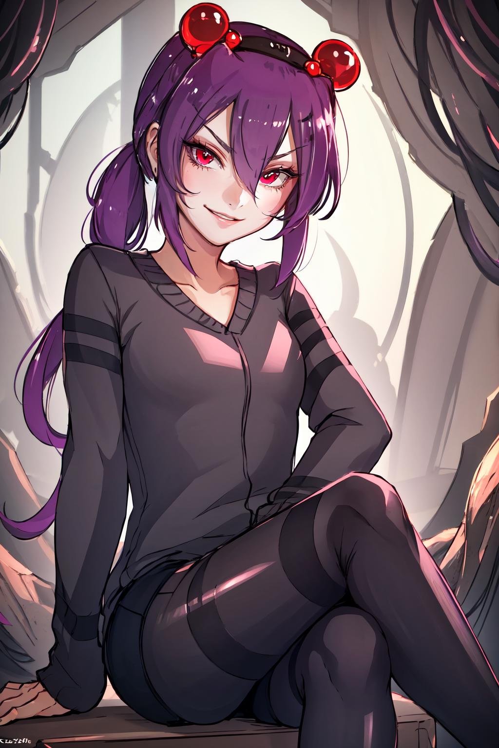 Highly detailed, High Quality, Masterpiece, beautiful, Spider-chan, <lora:Spiderchan-10:0.8>, 1girl, solo, inside of a cavern, sitting, crossed legs, looking at viewer, smirk