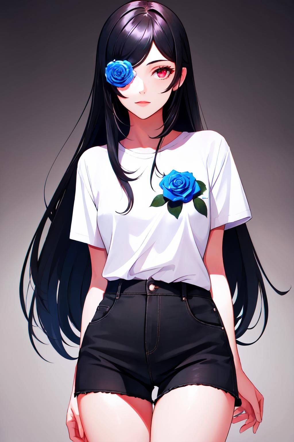 Highly detailed, High Quality, Masterpiece, beautiful,FlowerOverEye, <lora:FlowerOverEye-10:1>, 1girl, solo, cowboy shot, red eyes, black hair, long hair, shirt, white shirt, shorts, short shorts, black shorts, rose, blue rose, 