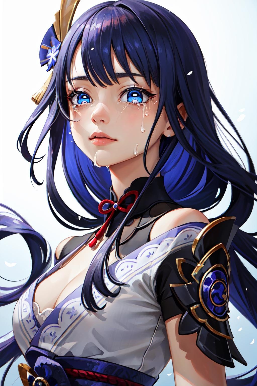 Highly detailed, High Quality, Masterpiece, beautiful, solo, 1girl, close-up, tears, Raiden_Shogun_\(genshin impact\), Raiden_Shogun:1.2, blue hair, long hair, <lora:Char_GenshinImpact_RaidenShogun:0.8>, AmongUsEyes, <lora:AmongUsEyes-09:1>