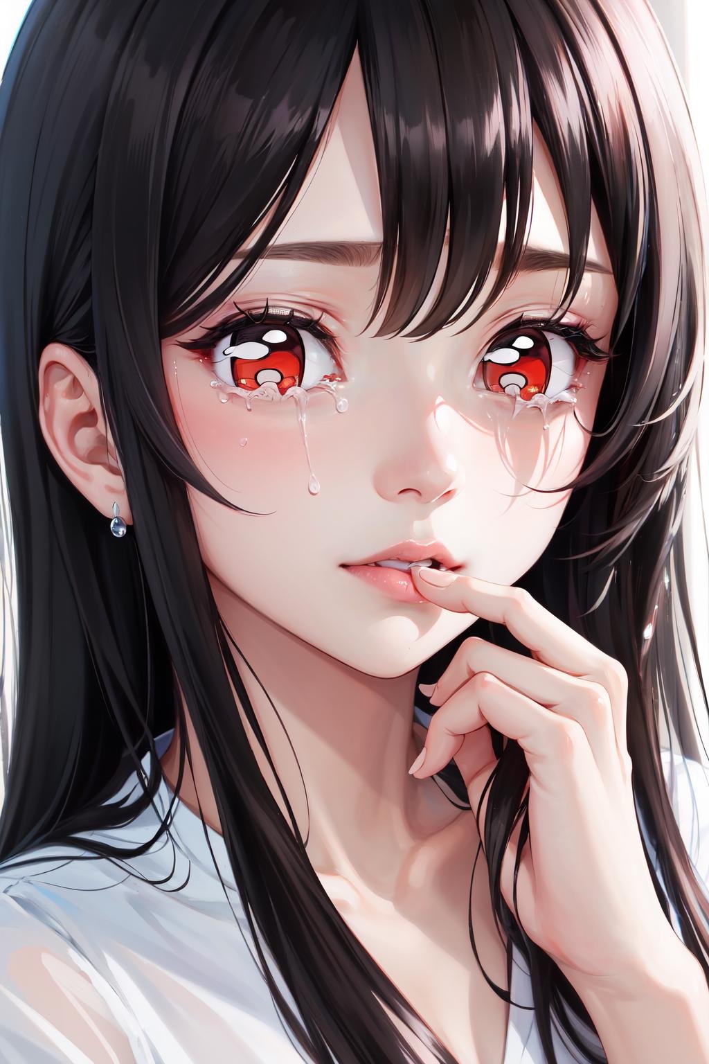 Highly detailed, High Quality, Masterpiece, beautiful, solo, 1girl, close-up, tears, black hair, red eyes, long hair, shirt, white shirt, AmongUsEyes, <lora:AmongUsEyes-09:1>