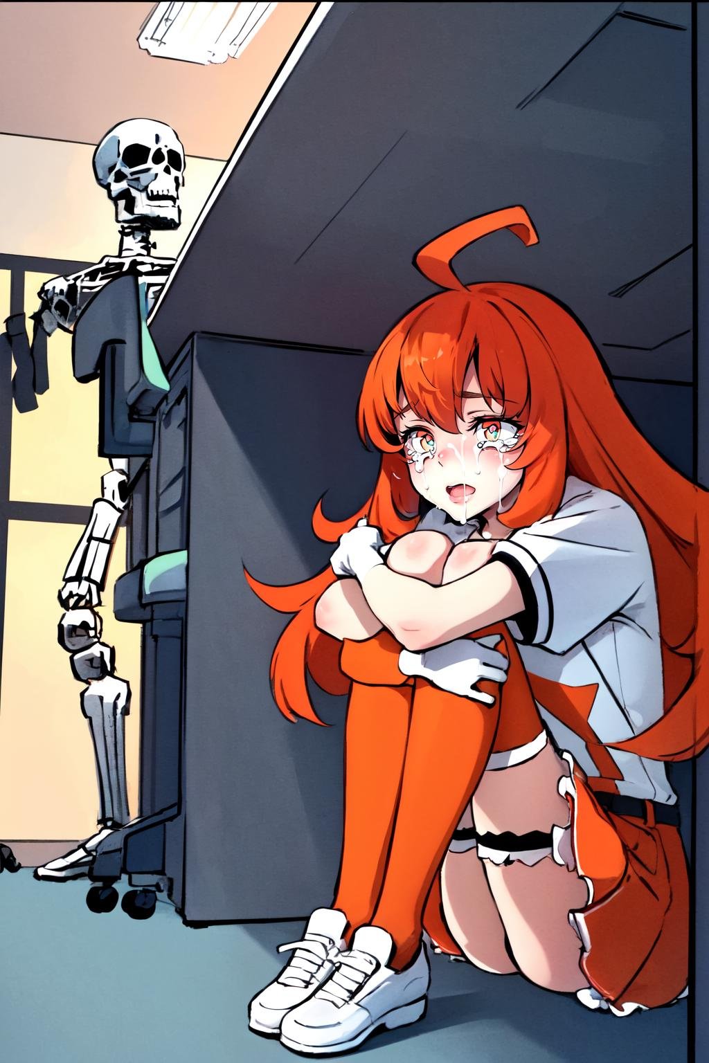 Highly detailed, High Quality, Masterpiece, beautiful, HidingFromTerminator, sitting, under table, crying, <lora:GirlHidingFromTerminator:0.9>, 1girl, skeleton, stadia-chan, huge ahoge, multicolored eyes, ascot, white shirt, orange skirt, white gloves, orange thighhighs, white shoes, <lora:Char_Meme_Stadiachan:0.8>