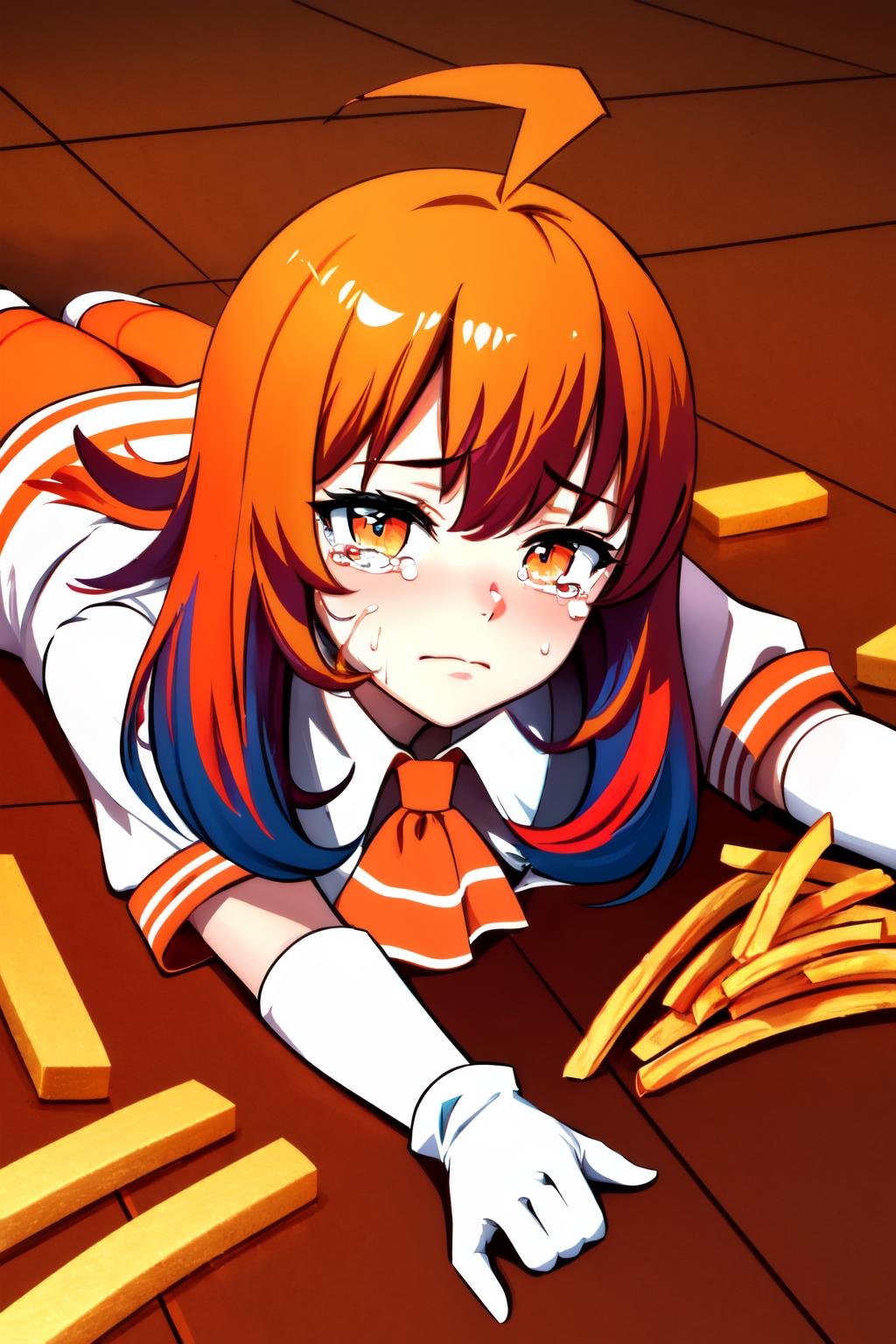 Highly detailed, High Quality, Masterpiece, beautiful, ApuMeme, <lora:ApuSpillsHisTendiesMeme:1>, 1girl, solo, lying, tears, on stomach, food, spill, crying, shadow, tearing up, on floor, cup, french fries, stadia-chan, huge ahoge, multicolored eyes, ascot, white shirt, orange skirt, white gloves, orange thighhighs, <lora:Char_Meme_Stadiachan:0.8>