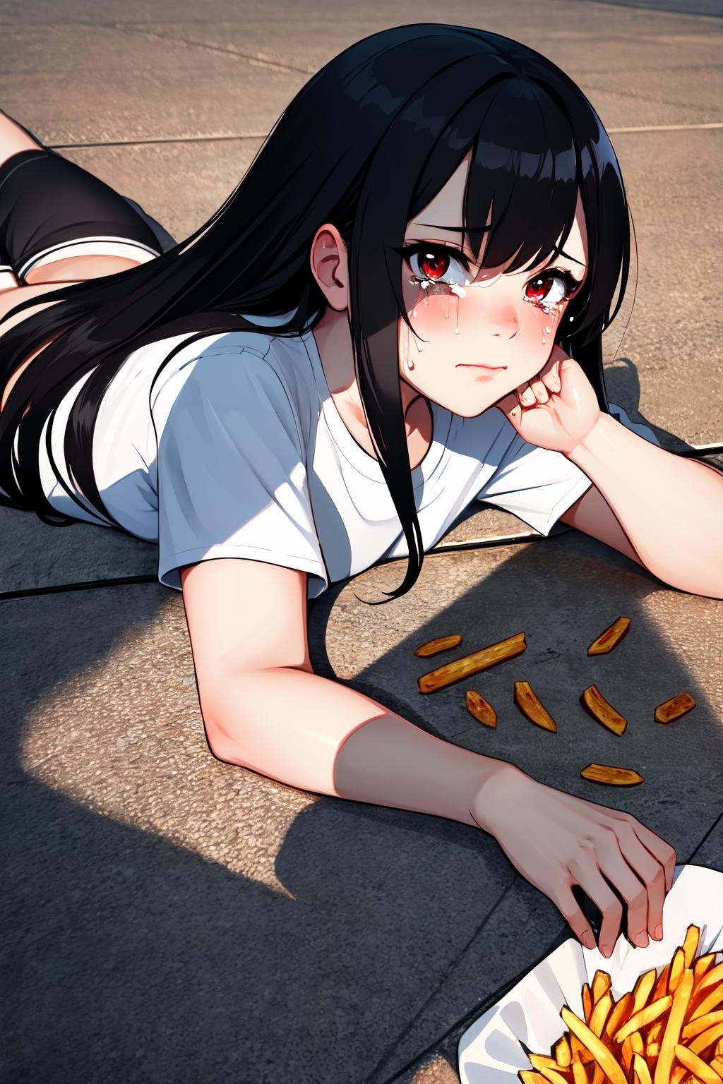 Highly detailed, High Quality, Masterpiece, beautiful, ApuMeme, <lora:ApuSpillsHisTendiesMeme:1>, 1girl, solo, black hair, red eyes, long hair, shirt, white shirt, shorts, short shorts, black shorts, lying, tears, on stomach, food, spill, crying, shadow, tearing up, on floor, cup, french fries