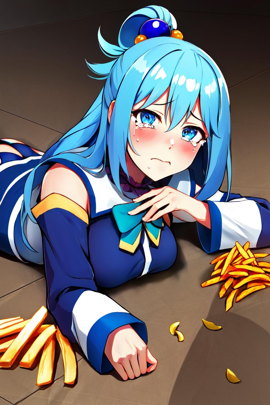 Highly detailed, High Quality, Masterpiece, beautiful, ApuMeme, <lora:ApuSpillsHisTendiesMeme:1>, 1girl, solo, lying, tears, on stomach, food, spill, crying, shadow, tearing up, on floor, cup, french fries, aqua \(konosuba\), blue eyes, blue footwear, blue hair, blue thighhighs, boots, breasts, bubble, detached sleeves, hair ornament, hair rings, long hair, medium breasts, single hair ring, skirt, thigh boots, thighhighs, very long hair, water, white thighhighs, kono subarashii sekai ni shukufuku wo!, <lora:Char_Konosuba_Aqua:0.65>