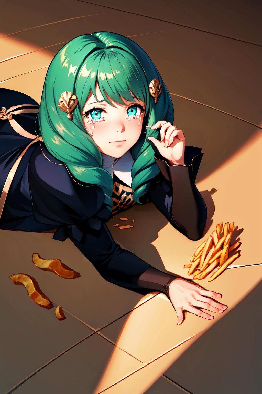 Highly detailed, High Quality, Masterpiece, beautiful, ApuMeme, <lora:ApuSpillsHisTendiesMeme:1>, 1girl, solo, lying, tears, on stomach, food, spill, crying, shadow, tearing up, on floor, cup, french fries, Flayn, hair ornaments, black dress, blue pantyhose, knee boots, <lora:Char_FireEmblem_Flayn:0.8>