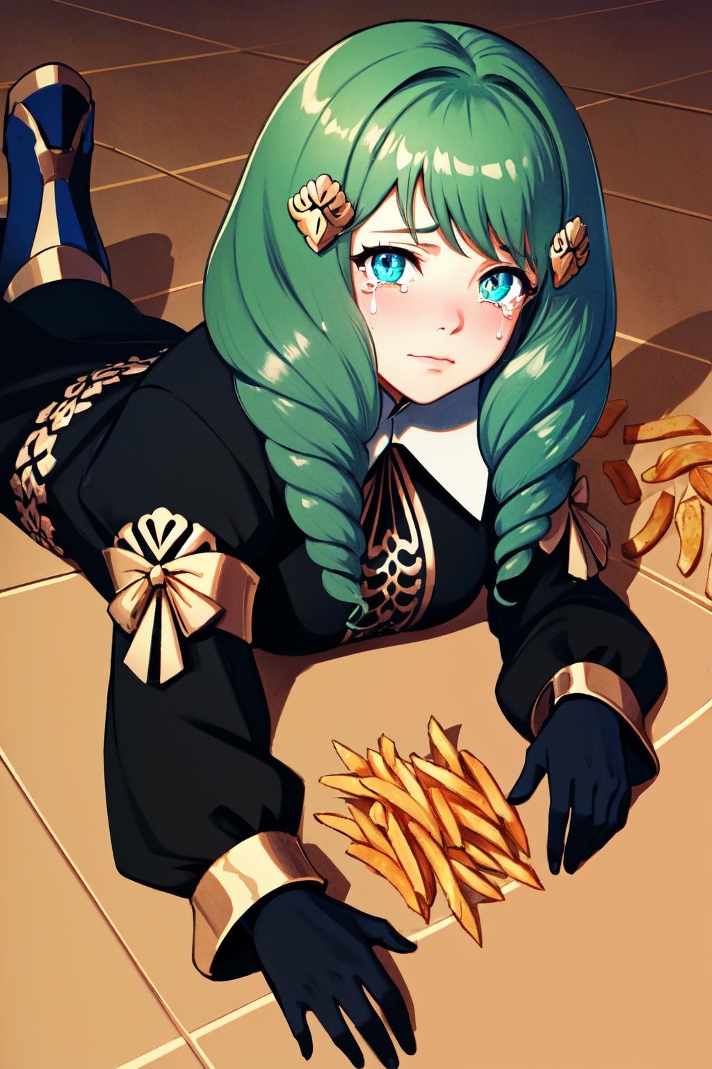 Highly detailed, High Quality, Masterpiece, beautiful, ApuMeme, <lora:ApuSpillsHisTendiesMeme:1>, 1girl, solo, lying, tears, on stomach, food, spill, crying, shadow, tearing up, on floor, cup, french fries, Flayn, hair ornaments, black dress, blue pantyhose, knee boots, <lora:Char_FireEmblem_Flayn:0.8>